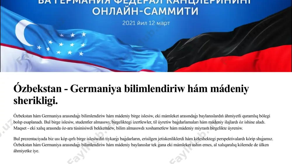 ı bilimlendiriw hám mádeniy baylanıslar tek ǵana eki mámleket ushın emes, al xalıqaralıq kólemde de úlken áhmiyetke iye. 2 ózbekstan hám germaniya arasındaǵı bilimlendiriw tarawındaǵı shártnamalar ózbekstan respublikası bilimlendiriw tarawındaǵı birge islesiwdi rawajlandırıwǵa qaratılǵan húkimet qararları hám baǵdarlamaları. sonıń ishinde, joqarı bilimlendiriwdi rawajlandırıw koncepciyası hám basqa da normativlik-huqıqıy hújjetler. germaniya federativlik respublikası ózbekstan menen bilimlendiriw baylanısların bekkemlewge qaratılǵan nızam hám rejeler. bularǵa, atap aytqanda, xalıq aralıq bilimlendiriwdi rawajlandırıw strategiyası kiredi. shártnamalar hám kelisimler eki tárepleme bilimlendiriw joybarların qarjılandırıw hám ámelge asırıw boyınsha huqıqıy tiykarlar. máselen, joqarı bilimlendiriw tarawındaǵı birge islesiw haqqındaǵı kelisimler. ózbekstan hám germaniya arasındaǵı bilimlendiriw tarawındaǵı shártnamalar hám huqıqıy tiykarlar bilimlendiriw birge islesiwiniń bekkem tiykarın jaratadı. bul shártnamalar studentler almasıwı, ilimiy izertlewler hám birgeliktegi bilimlendiriw baǵdarlamaların rawajlandırıwǵa qaratılǵan. 3 studentler almasıwı: keleshek dóretiwshileri ózbekstanlı studentler germaniya universitetlerinde oqıw imkaniyatı. zamanagóy bilimlendiriw sisteması hám ilimiy izertlew oraylarında bilim alıw. evropanıń aldınǵı universitetlerinde bilim alıw hám xalıqaralıq tájiriybe arttırıw. hár …