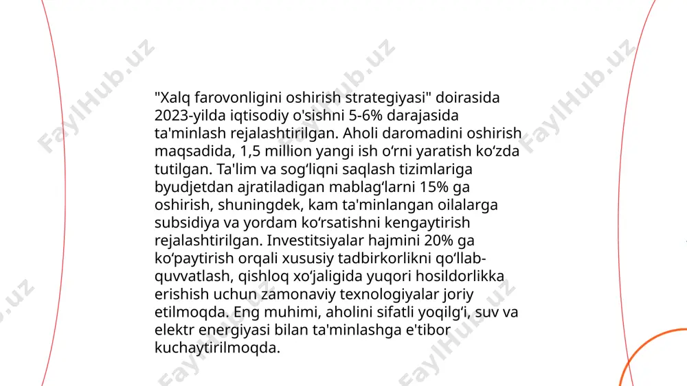 tamoyillari esa barcha insonlarni huquqlari bir xil himoya qilinishini ta'minlashni ko'zda tutadi. bu prinsiplar ijtimoiy barqarorlik, tinchlik va global taraqqiyot uchun asosiy ahamiyatga ega. ... t.me/slaydai_bot aholining turmush darajasini yaxshilash uchun bir qancha ko‘rsatkichlar muhim ahamiyatga ega. aholining bandlik darajasi yuksalishi, ishsizlik darajasi esa pasayishi kerak. ma’lumotlarga ko‘ra, 2022-yilda o‘zbekistonda ishsizlik darajasi 9,4%ni tashkil etdi. ta’lim va sog‘liqni saqlashga ajratilayotgan mablag‘lar ham ko‘paytirilishi zarur. masalan, 2023-yilda o‘zbekistonda ta’lim sohasiga ajratilgan mablag‘ 22%ga oshdi. yana bir ko‘rsatkich, kambag‘allik darajasini kamaytirishdir. 2022-yilda o‘zbekistonda kambag‘allik darajasi 11% deb qayd etilgan bo‘lib, bu ko‘rsatkichni pasaytirishga e’tibor qaratish kerak. turmush darajasini oshirishda yalpi ichki mahsulot (yaim) o‘sishi ham muhimdir, 2023-yilda o‘zbekistonda yaim 5,6% ga o‘sishi prognoz qilinmoqda. ... t.me/slaydai_bot 10. kam ta'minlangan qatlamlarni qo'llab-quvvatlash 10. kam ta'minlangan qatlamlarni qo'llab-quvvatlash bo'yicha ma'lumotlar quyidagicha: mamlakatda 2022-yilda jami aholining 12% kam ta'minlangan deb topilgan. hukumat ushbu qatlamlarni qo'llab-quvvatlash uchun yillik 750 milliard so'm miqdorida mablag' ajratdi. kam ta'minlangan …