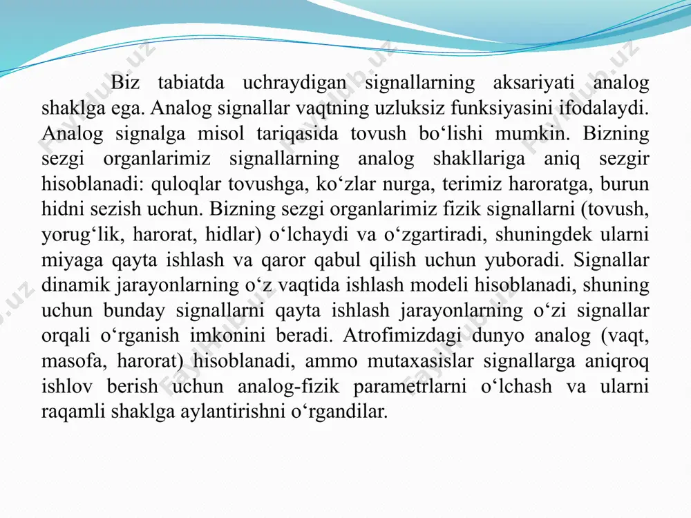 gnallar odatda ehtimollik taqsimotlari orqali tavsiflanadi, masalan, normal (gauss) taqsimoti, eksponential taqsimoti yoki boshqa statistik modellar. o'rtacha va dispersiya: tasodifiy signalning o'rtacha qiymati va dispersiyasi uning asosiy statistik xususiyatlaridir. o'rtacha signalning markazini ifodalaydi, dispersiya esa tarqalishini ko'rsatadi. avtomatik korrelatsiya: bu signalning vaqt bo'yicha qanday bog'liqligini ko'rsatadi va uning ma'lumotlariga tahlil qilish imkonini beradi. o'lchovlarning turlari tasodifiy signallarni tavsiflash uchun bir nechta statistik o'lchovlar mavjud: - o'rtacha qiymat (mean): signalning o'rtacha darajasini ifodalaydi. - dispersiya (variance): signalning tarqalishini va diversifikatsiyasini ko'rsatadi. - standart og'ish (standard deviation): dispersiyaning ildizi. tasodifiy signallarning turi 1. aloqa signallari: masalan, radio to'lqinlari. 2. ovozli signallar: masalan, ovoz yozuvlari. 3. tabiatdagi shovqin: masalan, shamol shovqini. qayta ishlash usullari filtratsiya signalni tozalash uchun turli xil filtrlarni qo'llash mumkin: - past chastotali filtr: yuqori chastotali shovqinlarni yo'qotadi. - yuqori chastotali filtr: past chastotalarni kamaytiradi. - bantpass filtri: faqat ma'lum bir chastota oralig'idagi signalni o'tkazadi. spektral analisis -spektral analiz yordamida …