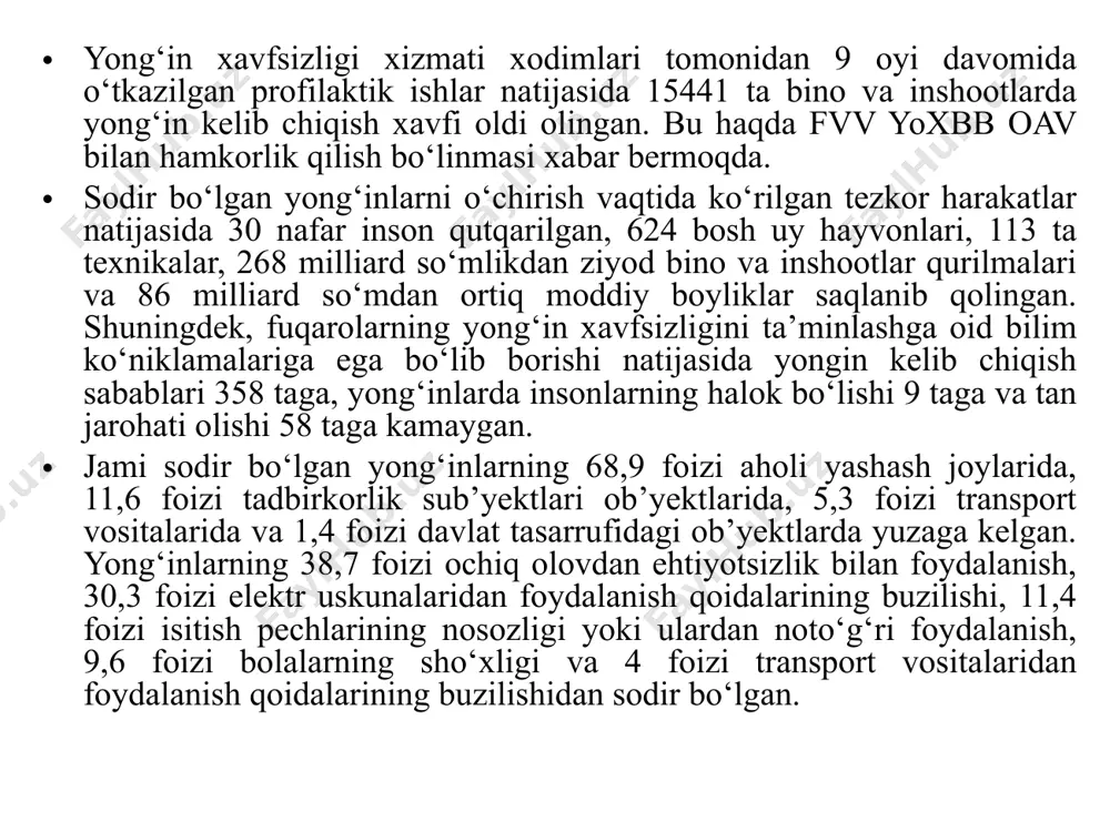 iqishi xavfi yuqori bo‘lgan ishlarni amalga oshirishda hamda muhandislik asbob-uskunalaridan foydalanishda yong‘in xavfsizligi talablari; ishlab chiqarish, ijtimoiy, qishloq xo‘jaligi, qurilish va boshqa sohalardagi obyektlar hamda ma’muriy binolar uchun yong‘in xavfsizligi talablari. ayni kunlarda aqshning havayi shtatida yirik o‘rmon yong‘inlari sodir bo‘lmoqda. 2023 yil 13 avgust holatiga ko‘ra bu yerda 90 oshiq odam halok bo‘lgani aytilmoqda. kun.uz yaqin tarixdagi eng yirik o‘rmon yong‘inlari haqida ma’lumotlarni jamladi. aqsh havayi shtati gubernatori sayyohlarni maui oroli laxaynada shahridagi yong‘in oqibatlari yong’in vaqti 3 fazaga bo’linadi: boshlanish fazada - (5 dan 30 daqiqagacha) harorat sekin ko’tariladi va fazaning oxirida tez ko’tariladi. masalan, yopiq eshik va derazalardan xavoning etishmasligidan yong’in kichik miqyosda ketib, tutash bo’lib bunda issiqlik yig’ila borib, keyingi fazaning boshlanishini ta’minlaydi. ikkinchi fazada - alanga jadal tarqalib, harorat tez ko’tariladi (o’zining “max” qiymatiga erishadi). bunda alanga inshoatning tashqari qismiga ham chiqishi kuzatiladi. uchinchi fazada - yonuvchi narsalarning yonib bo’lishi oqibatida haroratning pasayishi kuzatiladi. yong’in …