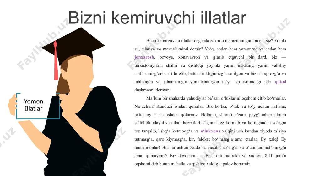 lar bosh harf bilan yoziladi amir temur, alisher navoiy, zahiriddin muhammad bobur, leonardo da vinchi, aleksandr pushkin. ibn sino, jaloliddin manguberdi. boburshoh, shohrux, temur malik. bosh harflar imlosi — yozuvda so‘z va gaplarning birinchi harfi yoki muayyan qoidalarga ko‘ra katta harf bilan yozilishini belgilab beruvchi imlo qoidalaridir. quyida bosh harflar imlosi bo‘yicha to‘liq ketma-ketlikda tushuntirish beriladi. 4. lavozim, unvon, hurmat ifodalovchi so‘zlar bosh harf bilan yoziladi (agar shaxs nomi bilan ishlatilsa) prezident shavkat mirziyoyev, shoir muhammad yusuf, olim beruniy. lekin: prezident, shoir, olim, hukmdor kabi so‘zlar umumiy ma’noda ishlatilsa, kichik harf bilan yoziladi. 5. atoqli joy nomlari bosh harf bilan yoziladi toshkent, samarqand, yevropa, osiyo, o‘zbekiston, qo‘qon xonligi, buxoro amirligi, arabiston, orol dengizi, sirdaryo. cho‘qqilar: everest, fudziyama, belukha. 6. davlat, tashkilot, gazeta-jurnallar nomlari bosh harf bilan yoziladi o‘zbekiston respublikasi, birlashgan millatlar tashkiloti (bmt), jahon sog‘liqni saqlash tashkiloti (jsst). «xalq so‘zi», «o‘zbekiston ovozi», «gulxan» jurnali. 7. bayram, tarixiy sanalar nomlari bosh …