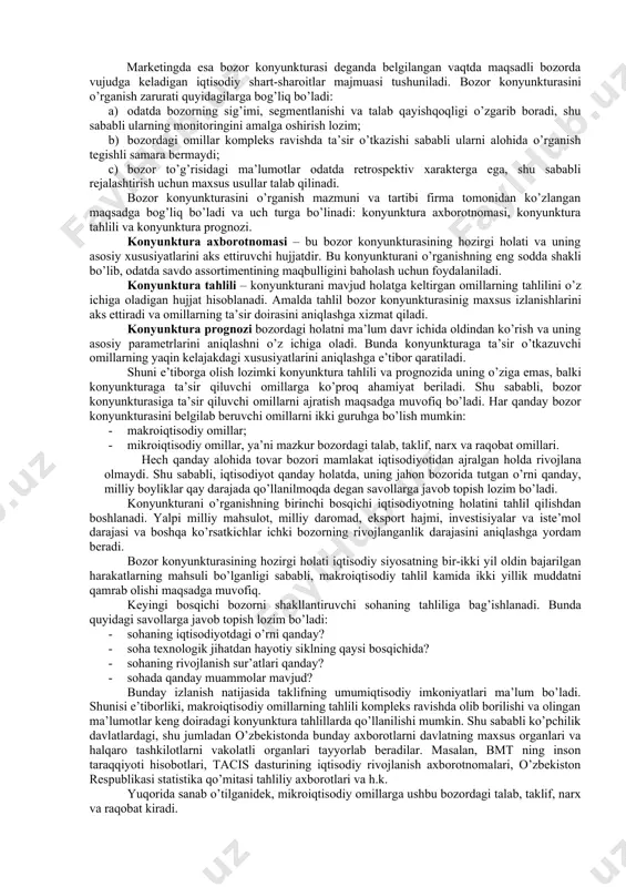 lekin tovarlarning katta miqdorda sotilishi bilan xarakterlanadi. bozorda kim yetakchilik qilishiga qarab bozorlar “sotuvchi bozori” va “xaridor bozori”ga blinadi. “sotuvchi bozori” - unda tovarga blgan talab taklifdan oshib ketadi. bunday bozorda sotuvchi hukmronlik qiladi, xaridorning esa faol ishtirokchi blishiga tg’ri keladi. bunday holatda “pul tovar orqasidan yuguradi”. “xaridor bozori” - bunday bozorda taklif talabdan kp, shuning uchun xaridorlar (iste’molchilar) taklif etilayotgan tovarlar va xaizmatlar orasidan hohlaganini tanlash imkoniyatiga ega. bunday bozorda xaridorlar ustunlikka ega blib, ishlab chiqaruvchi va sotuvchilar bozorning eng faol ishtirokchilariga aylanadilar. bunday holatda “tovar pul orqasidan yuguradi”. talab va taklifning miqdori va tarkibi jihatidan bir-biriga muvofiq kelishini “muvozanatli bozor” deb yuritiladi. muvozanatli bozorni ta’minlashning asosiy yllari quyidagilar hisoblanadi: ishlab chiqarishni talab darajasiga yetkazish orqali bozorni tyintirish; yetarli darajada mahsulotlar zahirasini barpo etish; xaridorgir mahsulotlar narxini oshirish va aksincha, talab uncha mavjud blmagan mahsulotlar narxini pasaytirish va boshqalar. 7.2. xaridorlar xulq-atvori va unga ta’sir qiluvchi omillar marketing faoliyatida …