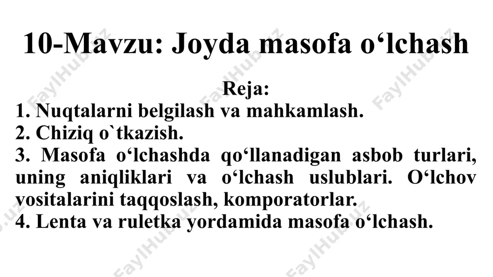 o`yadi. so`ngra c1 dagi ishchi b ga qarab, d1 dagi ishchini d1 dan d2 nuqtaga, ya`ni c1b stvoriga ko`chiradi. keyin d2 dagi ishchi c1 dagi ishchini ad2 stvoriga c2 nuqtaga ko`chiradi vahakazo. so`ngra birinchi ishchi ad stvoridagi c nuqtaga ikkinchi ishchi bc stvoridagi d nuqtaga chiqadilar. jarlik orqali chiziq olish. chuqurlik va keng jarlik orqali chiziq olishda, vexalarni o`rnatish tartibi a va b nuqtalar joylashishi jar yonbag`rining harakteriga qarab turlicha bo`ladi. agar jarning bir tomonidagi a va b chiziqni jar orqali o`tkazish kerak bo`lsa jarning ikkinchi tomonida ab stvorida vexa 1 o`rnatiladi. so`ngra b5 stvorida vexa 4, 2 – 1stvorida vexa 3 va 4 , keyin 4 – 3 stvorida vexa 5 o`rnatiladi. joyda ikki nuta orasidagi masofani bevosita yoki vositali o`lchash mumkin. masofalarni bevosita o`lchashda turli xildagi o`lchash qurollari qullaniladi. bular po`lat lenta va invar simlar hisoblanadi. muhandislik ishlarida ko’proq po`lat lenta qo’llanilib, uning uzunligi 20 m bo`lib, u …