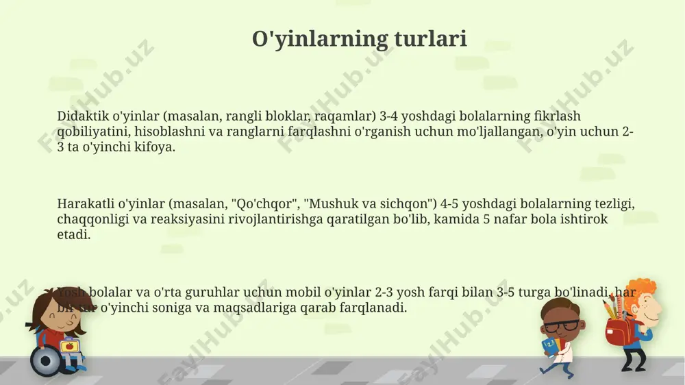 h muhim. o'yinlarning murakkabligi va davomiyligi yoshga mos bo'lishi kerak. o'yin davomida bolalarga 2-3 ta oddiy qoidalarni tushuntirish va ularga rioya qilishni o'rgatish zarur. qoidalarni buzganlik uchun belgilangan jazolarni oldindan aytib o'tish samarali bo'ladi. kirish oʻyin jarayonini samarali tashkil etish uchun pedagogik texnologiyalar, masalan, oʻyinlashtirish, gamifikatsiya va boshqalarni qoʻllash orqali bolalarning faol ishtirokini taʼminlash lozim. mobil oʻyinlarni tanlashda bolalarning yosh xususiyatlari, jismoniy va ruhiy rivojlanish darajasi, shuningdek, oʻyinning maqsad va vazifalariga mos kelishi kabi omillarni hisobga olish kerak. yosh bolalar va oʻsmirlar uchun mobil oʻyinlar metodologiyasini oʻrganishda 3-7 yosh guruhlari uchun 20 dan ortiq turdagi oʻyinlarni tahlil qilish muhim ahamiyat kasb etadi. o'yinlarning ta'siri o'yinlar bolalarning jismoniy rivojlanishiga ijobiy ta'sir ko'rsatib, 3-5 yoshdagi bolalarda muvozanat va koordinatsiyani 20% ga oshiradi. o'yinlar orqali bolalar ijtimoiy ko'nikmalarini rivojlantiradi, masalan, 6-7 yoshli bolalarda hamkorlik va muloqot qobiliyatlari 15-20% yaxshilanadi. harakatli o'yinlar bolalarning diqqatini, xotirasini va fikrlashini rivojlantiradi, 5-7 yoshdagi bolalarda reaksiya tezligi 10-15% …