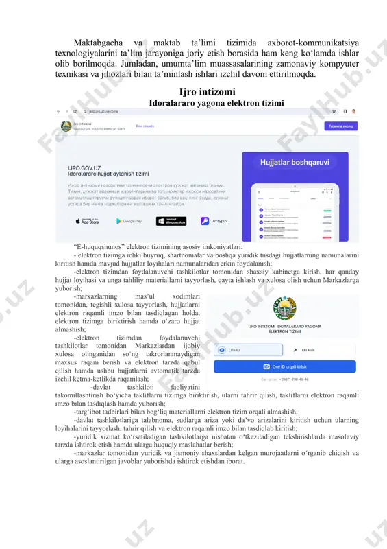xborot tizimlari axborot tizimlari, interaktiv xizmatlardan foydalanishda identifikatsiya vositalari axborot tizimlari, platforma va portallarga kirish vositalari emaktab.uz – “kundalik” avtomatlashtirilgan ta’lim axborot tizimi “kundalik” avtomatlashtirilgan ta’lim axborot tizimi onlayn tarzda o‘qituvchilarni darslarini rejalashtirish, dars jadvallarini tuzish, o‘quvchilarning o‘zlashtirish darajasi va davomatini elektron jurnal va kundaliklarda qayd etib borish, shuningdek, ta’lim boshqaruv organlari va muassasalarga statistik hisobotlarni shakllantirish uchun xizmat qiladi. “kundalik” tizimi o‘quvchilar va ularning ota-onalariga 24 soat davomida baholar va uy vazifalari haqidagi ma’lumotlarni kuzatib borish imkonini beradi. shu bilan birga, ular himoyalangan ijtimoiy tarmoq orqali muloqot qilishlari hamda onlayn kutubxona va ta’limga oid media resurslardan foydalanishlari mumkin. “kundalik” avtomatlashtirilgan ta'lim axborot tizimi – emaktab.uz ooo “kundalik” - it kompaniyasi tomonidan o‘qituvchilar, o‘quvchilar, ota-onalar, ta'lim muassasalari rahbarlari, hamda ta'limni boshqarish organlari vakillari uchun yaratilgan yagona elektron ta'lim muhitini taqdim etish tizimidir. ushbu tizim orqali quyidagi faoliyat yo‘nalishlarini amalga oshirish mumkin: · maktab ta'limini modernizatsiya qilish; · ta'lim jarayonida axborot …