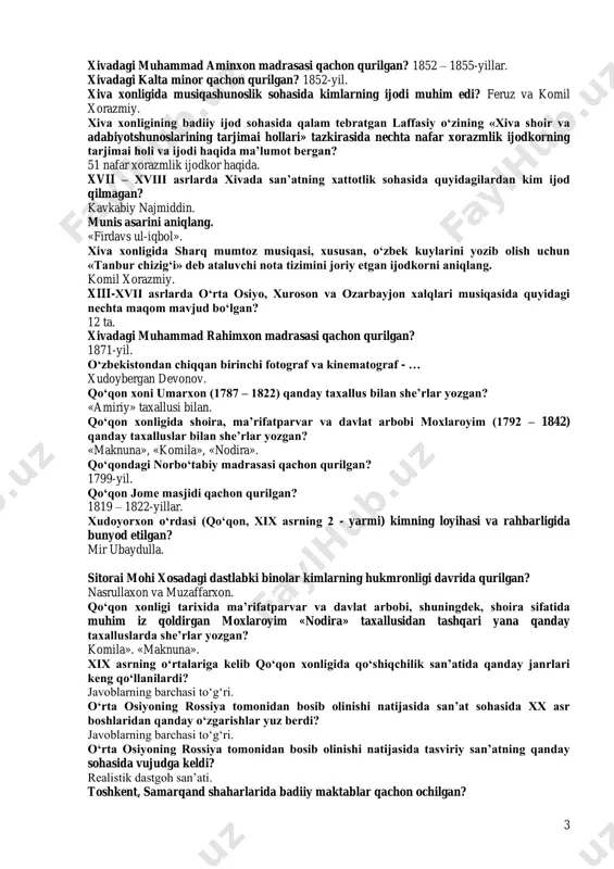 hlangan ko‘plab risolalar asosan necha xil xat uslublari mavjud bo‘lgan? 12 xil. xattotlik. 1455 – 1536-yillari hirotda buyuk miniatyurachi musavvir kamoliddin behzod o‘zining qanday mashhur yaratgan? shayboniyxon portretini. o‘rta osiyoda kitobat san’atida muhim bo‘lgan muqovasozlikda kitob muqovasini relefli bo‘rtma shakl va tasvirli ishlash qachon yuzaga keldi? xv – xvi asrlarda. «hazrati imom uz – zamon xalifat ur – rahmon» (zamona imomi va xalifasi) unvoniga erishgan taniqli o‘zbek shoiri, davlat arbobi kim? shayboniyxon. shayboniylar sulolasidan chiqqan abdullaxon ii qanday taxallusi bilan o‘zbek va fors tillarida she’rlar yozgan? «xon» taxallusi bilan. «shayboniynoma» asari mualliflarini ko‘rsating! binoiy va muhammad solih. shayboniylar davrining mashhur musiqashunosi kim edi? kavkabiy najmiddin buxoriy. mir arab madrasasi qachon qurilgan? 1530 – 1536-yillar. bahouddin naqshband yodgorlik majmuasida joylashgan xonaqoh kimning buyrug‘i asosida bunyod etilgan? shayboniy abdulazizxon i tomonidan bunyod etilgan. buxorodagi abdullaxon madrasasining qarshisida qaysi madrasa joylashgan? modarixon madrasasi. buxorodagi ko‘kaldosh madrasasi qachon qurilgan? 1568 – 1569-yillar. baroqxon va …