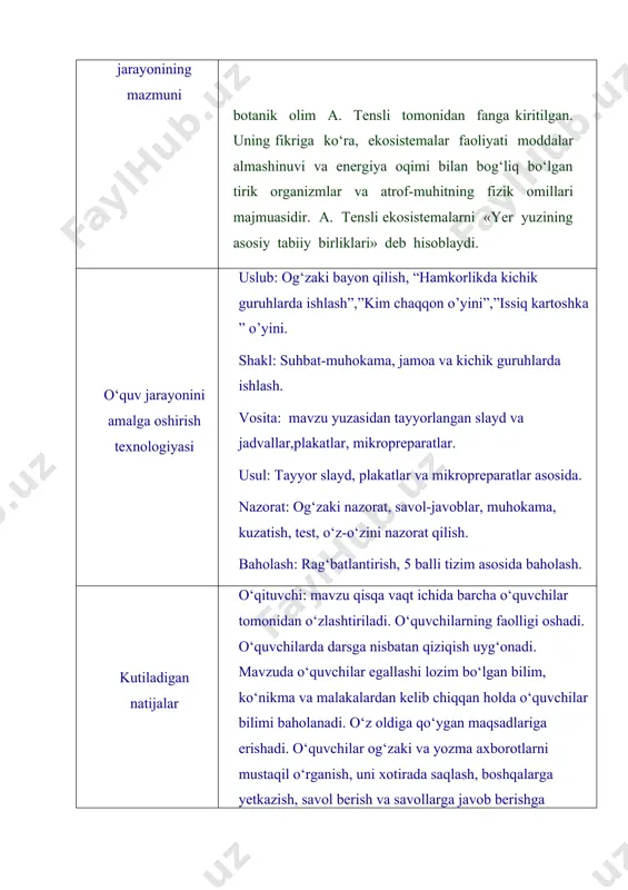 ing bitta tuzilish darajasidagi biosistemalar hisoblanadi. bu sistem alar o ‘zaro bog‘liq tirik va anorganik tarkibiy qism lardan tashkil topganligi hamda moddalar va energiya oqimi kabi bir qancha umumiy jihatlarga ega. ekosistem a va biogeotsenoz tushunchalari ko'pincha bir m a’noda ishlatilsa ham, ular talqinida ayrim farqlar mavjud. «biogeotsenoz» tushunchasi biosistem aning aniq tarkibiy jihatlarini aks ettirsa, «ekosistema» tushunchasi biosistemaning funksional mohiyatini ifoda etadi. ekosistem alar o ‘zining o ‘lchami, turlarining xilm a-xilligi va murakkabligi bilan biogeotsenozlardan farq qiladi. biogeotsenozlar m a’lum chegaraga ega bo‘ladi, ekosistemalarda esa chegarani aniqlash qiyin hisoblanadi. «biogeotsenoz» yer yuzining m a’lum hududidagi tirik organizmlar va atrof-m uhitning tabiiy majmuasi hisoblanadi. biogeotsenoz muayyan tushuncha bolib, ularga tarkibidagi son jihatdan ko‘p uchraydigan turga qarab nom beriladi. masalan: «archazor o ‘rmon», «yong‘oqzor o‘rmon» va boshq. ekosistem alar esa o‘z o’lchamlari va murakkabligi jihatidan xilma-xildir. “ekosistema” deyilganda o‘lchami jihatdan xilma-xil, moddalar va energiya almashinuvi orqali o‘zaro bog‘liq tirik organizmlar va …