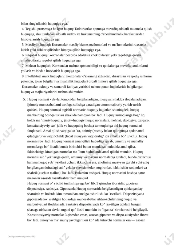 mas, mayda bezorilik, yoʻl harakati qoidasini buzish), intizomiy h. (nojoʻya harakat, mas, ishga kelmaslik, kech qolish) farqlanadi. h.ning eng xav-fli koʻrinishi jinoyatdir. h. uchun qonunda tegishlicha fuqaroviy, maʼmuriy, intizomiy va jinoiy javobgarlik belgilangan. huquqbuzarlik-sodir etilganligi uchun maʼmuriy yoki jinoiy javobgarlik nazarda tutilgan aybli, gʻayriijtimoiy qilmish (harakat yoki harakatsizlik) huquqbuzarlikning jinoyat turi ozining ijtimoiy xavfliligi bilan ajralib turadi hamda qolgan huquqbuzarliklarga nisbatan huquqiy oqibati yomonroqdir.xususan,jinoyat uchun qolganlariga nisbatan ogirriq jazolar qollanilishi aytib otiladi.huquqbuzarliklarga nisbatan jazo choralari quyidagicha qollaniladi 1)jinoiy javobgarli jk43-modda 2)mamuriy mjtk23-modda 3)intizomiy mk181-modda 4)fuqaroviy shaxsning toliq moddiy va manaviy jihatdan javob berishidir. 4. tadbirkorlik huquqi nimani o’rganadi? 4.tadbirkorlik huquqlari deganda tadbirkorlik sub'ektlarining o'z faoliyatini amalga oshirishda ega bo'lgan qonuniy himoyalari va imtiyozlari tushuniladi. bu huquqlar odatda qonunlar va qoidalarda ko'rsatilgan va har bir mamlakatda farq qilishi mumkin. ba'zi umumiy tadbirkorlik huquqlariga quyidagilar kiradi: 1. mulk huquqlari: korxonalar mulkka, shu jumladan ko'chmas mulkka, asbob-uskuna va intellektual mulkka egalik qilish, foydalanish …