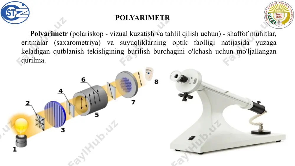 h 30 °, 7 - analizator, 8 - kuzatuvchi ko'p turli xil ilovalar mavjudligi sababli, polarimetr dizaynlari farq qilishi mumkin, ammo asosiy elementlar bir xil. yorug'lik manbai odatda natriy chiroq yoki namunani iq nurlanishidan himoya qilish uchun issiqlik pardasi bo'lgan cho'g'lanma lampa (qattiq qismlar uchun termal deformatsiyaning oldini olish muhim, suyuqliklar uchun - zichlik gradienti) va bir xil yoritishni ta'minlaydigan muzli shisha. kuzatilgan hududdan. yorug'lik filtri spektrdagi ma'lum bir hududni ta'kidlaydigan elementdir, chunki ko'plab polarimetrlar monoxromatik yorug'likdan foydalanadi. bunday element filtr plitasi yoki prizma bo'lishi mumkin. tahlil qilinayotgan namuna / tizimning ikkala tomonida joylashgan ikkita polarizator (ko'pincha ulardan biri polaroid, ikkinchisi esa polaroid yoki nikolay prizmasi). tabiiy yorug'lik ob'ekt tomonidan qanday qutblanganligi yoki ob'ekt juda uzoqda joylashganligi (masalan, kosmosda) o'rganilayotgan hollarda bitta polarizator kifoya qiladi. polyarimetr qurilmasi kompensator - bu to'lqinni siljitadigan faza plitasi (qoida tariqasida, qalinligi to'lqin uzunligining chorak yoki yarmiga ko'p bo'lganligi sababli, fazaning chorak yoki yarmiga, plitalar …