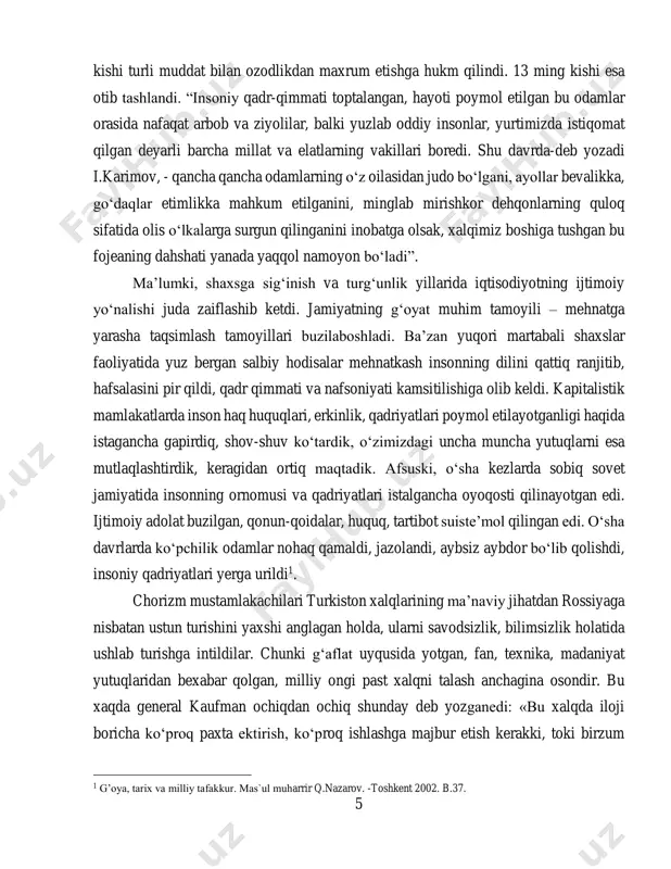 flat uyqusida yotgan, fan, texnika, madaniyat yutuqlaridan bexabar qolgan, milliy ongi past xalqni talash anchagina osondir. bu xaqda general kaufman ochiqdan ochiq shunday deb yozganedi: «bu xalqda iloji boricha ko‘proq paxta ektirish, ko‘proq ishlashga majbur etish kerakki, toki birzum 1 g’oya, tarix va milliy tafakkur. mas`ul muharrir q.nazarov. -toshkent 2002. b.37. 6 ham o‘ylashga, kundalik voqealarni anglashga urinishga vaqti ham, xohishi ham qolmasin. mabodo bularda dardu hasratlarini to‘kibsolishga moyillik tug‘ilsa, faqat dindan najot topsin». shaxsga sig‘inish va totalitarizm avjiga chiqqan yillarda boshqa respublikalarda bo‘lgani kabi o‘zbekistonda ham milliy qadriyatlar rivojiga sun’iy to‘siqlar yaratildi. tilimiz, madaniyatimiz, merosimiz, qoralandi va kamsitildi. birnecha ming yillik madaniy merosimizga unchalik e’tibor berilmadi. respublikamizda qisqa muddat ichida ikki marta alifbo o‘zgarib, xalq ikki marta savodsiz bo‘lib qoldi. arab alifbosidan voz kechish, xalqni o‘n uch asrlik ona tarixidan butunlay uzoqlashtirdi. qatag‘onlik davrida arab alifbosida o‘qish va yozishni biladigan ziyolilar ta’qib ostiga olindi, o‘sha yilda yozilgan jamiki kitoblar, …