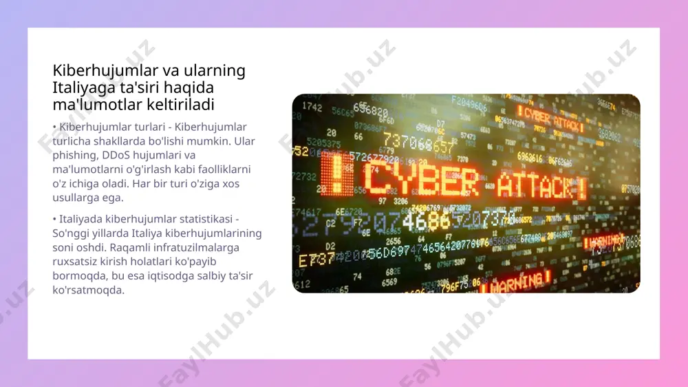 sizlik risklarini aniqlashda xatarlarni tasniflash va baholash muhimdir. • boshqarish strategiyalari - kiberxavfsizlik risklarini boshqarish uchun faol tashkiliy strategiyalarni ishlab chiqish zarur. • doimiy monitoring - hech bo'lmaganda bir marta kiberxavfsizlik holatini nazorat qilish, risklarni kamaytirishga imkon beradi. italiyada kiberhujumlar statistikasi va tahlili taqdim etiladi • kiberhujumlarning qog'ozlari - italiyada kiberhujumlar soni 2023 yilda jiddiy oshgan. har yili yuzlab kiberhujumlar amalga oshiriladi va bu mamlakatning raqamli xavfsizligiga tahdid solmoqda • hujumlarning turlari - eng ko'p uchraydigan kiberhujumlar orasida phishing, zararli dasturlar va ddos hujumlari o'rin olgan. bu hujumlar korxonalar va davlat tashkilotlariga katta zarar yetkazmoqda kiberxavfsizlikni ta'minlashda xususiy sektorning roli muhimdir • xususiy sektorning ahamiyati - kiberxavfsizlikni ta'minlashda xususiy sektor tashkilotlari muhim rol o'ynaydi. ularning resurslari va bilimlari keng ko'lamdagi xavf-xatarlarni bartaraf etishga yordam beradi. • innovatsiyalar - xususiy sektor yangi texnologiyalarni rivojlantirish orqali xavfsizlik choralarini oshirishda va innovatsiyalarni joriy etishda ishtirok etadi. bu kiberhujumlardan himoya qilish uchun samarali yechimlar …