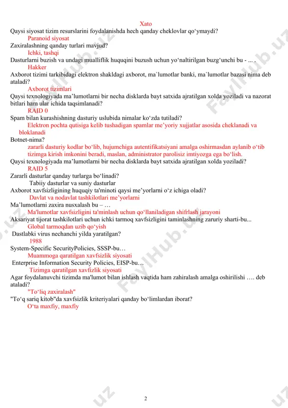 i j: fizik satx osi modelining ikkinchi satxi qanday nomlanadi j: kanal satxi osi modelining uchinchi satxi qanday nomlanadi j: tarmoq satxi osi modelining oltinchi satxi qanday nomlanadi j: taqdimlash satxi osi modelining yettinchi satxi qanday nomlanadi j: amaliy satx osi modelining qaysi satxlari tarmoqqa bog’liq satxlar hisoblanadi j: fizik, kanal va tarmoq satxlari osi modelining tarmoq satxi vazifalari keltirilgan qurilmalarning qaysi birida bajariladi j: marshrutizator osi modelining fizik satxi qanday funktsiyalarni bajaradi j: elektr signallarini uzatish va qabul qilish foydalanishna boshqarishda ma’lumot , resurs, jarayon nima vazifani bajaradi ? j: obyekt foydalanishni boshqarishda inson, dastur, jarayon va xokazolar nima vazifani bajaradi? j: subyekt simmetrik kriptotizimlarda ... jumlani davom ettiring j: shifrlash va shifrni ochish uchun bitta va aynan shu kalitdan foydalaniladi simmetrik kalitli shifrlash tizimi necha turga bo’linadi. j: 2 turga axborotning eng kichik o’lchov birligi nima? j: bit ko‘z pardasi, yuz tuzilishi, ovoz tembri-: bular autentifikatsiyaning qaysi faktoriga …