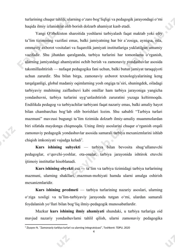 tahlil qilish, ularni zamonaviy pedagogika talablariga moslashtirishga xizmat qiladi. o‘quvchilarning ma’naviy, jismoniy, aqliy, axloqiy jihatdan yetuk bo‘lib voyaga yetishida bu turlar o‘rtasidagi bog‘liqlik va uyg‘unlik ilmiy asosda yoritiladi. amaliy ahamiyati esa shundan iboratki, kurs ishi natijalari asosida pedagoglar, tarbiyachilar, ota-onalar tarbiya jarayonida turli tarbiya turlarini to‘g‘ri va maqsadli qo‘llash yuzasidan amaliy tavsiyalarni olishlari mumkin. shu bilan birga, o‘quvchilarning har tomonlama kamol topishida pedagogik jarayonni tizimli tashkil etishda ushbu ish foydali metodik manba bo‘lib xizmat qiladi kurs ishining asosiy maqsadi — tarbiya turlarining mazmuni va ularning zamonaviy ijtimoiy hayotdagi o‘rnini chuqur tahlil qilish, ularni pedagogik jarayonda samarali qo‘llash imkoniyatlarini ochib berishdir. ushbu maqsadga erishish uchun quyidagi vazifalar belgilandi: · tarbiya tushunchasining mazmunini ilmiy jihatdan ochib berish; · tarbiya turlarining turlari, o‘ziga xos xususiyatlari va vazifalarini aniqlash; · tarbiya turlarining jamiyatdagi o‘rni va ahamiyatini asoslash; · har bir tarbiya turining zamonaviy sharoitdagi rolini aniqlash; · tarbiya turlarini uyg‘un holda qo‘llash bo‘yicha tavsiyalar …