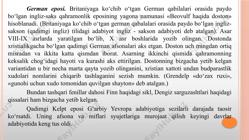 unlik boshlandi. ritsarlik romani. ritsarlik lirikasi kabi ritsarlik ham fransiyada vujudga kelib, keyin boshqa yerlarga tarqaldi. ritsarlik lirikasida bo‘lgani kabi romanda ham sevgi, turmush quvonchlari asosiy mavzu edi. sevgi ko‘tarinki ruhda, fantastik bo‘yoqlarda aks ettirilgan. shuningdek, qahramonlar psixologik kechinmalarini tasvirlashga ham katta e’tibor berilgan. ritsarp xonimga bo‘lgan sevgisi tufayli jangovar sarguzashtlarga (avantyura) otlanadi, lekin endi ritsarp vatan manfaatlarini emas, balki o‘z shaxsiy manfaatlarini ko‘zlab safarga chiqadi. ritsap romanlari syujetlariga ko‘ra 3 ta asosiy turkumga bo‘linadi: antik, bretan va vizantiya turkumlari. dastlabki ritsarlik romanlari yartilgani uchun antik adabiyot asarlari qayta ishlangan. ana shunday asarlardan biri «aleksandr haqida roman»dir. aleksandr makedonskiy ham o‘z yurishlari davrida ritsarga xos sarguzashtlarni boshidan kechiradi. lekin bu asar tom maonoda ritsarp romani bo‘la olmaydi, chunki unda muhabbat mavzusi va xonimga ritsarcha xizmat etish aks ettirilmagan edi. bretan turkumidagi romanlarda esa v yoki vi asrlarda yashagan qirol artur asosiy qahramon hisoblanadi. kurtuaz shoirlari kelt din arbobi golpfrid momutskiyning …
