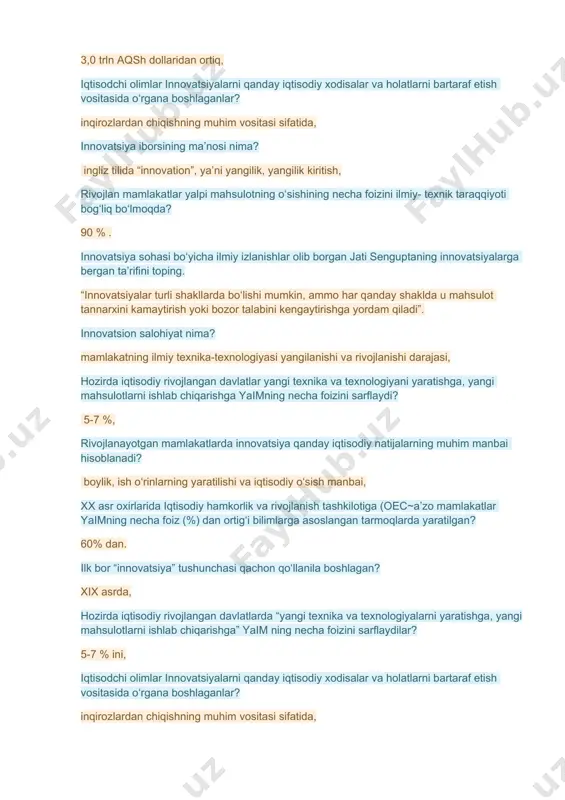 imning necha foiz (%) dan ortig‘i bilimlarga asoslangan tarmoqlarda yaratilgan? 60% dan. ilk bor “innovatsiya” tushunchasi qachon qo‘llanila boshlagan? xix asrda, hozirda iqtisodiy rivojlangan davlatlarda “yangi texnika va texnologiyalarni yaratishga, yangi mahsulotlarni ishlab chiqarishga” yaim ning necha foizini sarflaydilar? 5-7 % ini, iqtisodchi olimlar innovatsiyalarni qanday iqtisodiy xodisalar va holatlarni bartaraf etish vositasida o‘rgana boshlaganlar? inqirozlardan chiqishning muhim vositasi sifatida, innovatsiya sohasi bo‘yicha ilmiy izlanishlar olib borgan jati senguptaning innovatsiyalarga bergan ta’rifini toping. “innovatsiyalar turli shakllarda bo‘lishi mumkin, ammo har qanday shaklda u mahsulot tannarxini kamaytirish yoki bozor talabini kengaytirishga yordam qiladi”. “innovatsiya” tushunchasi iqtisodchilar leksikonida qachon qo‘llanila boshlagan? xx asrda. hozirgi davrda o’zbekistonda iqtisodiy salohiyat qancha qiymatga ega? 3,0 trln aqsh dollaridan ortiq, европа иттифоқи комиссиясининг ташаббуси билан қабул қилинган “рақобатбордошликни ошириш ва инновацион чора-тадбирлар дастури” да асосий эътиборни нимага қаратилган? кичик ва ўрта бизнесга; жаҳонда нефт нархларнинг кескин кўтарилиши ва энергоресурсларнинг танқислиги юз бериши натижасида қайси давлат кам …