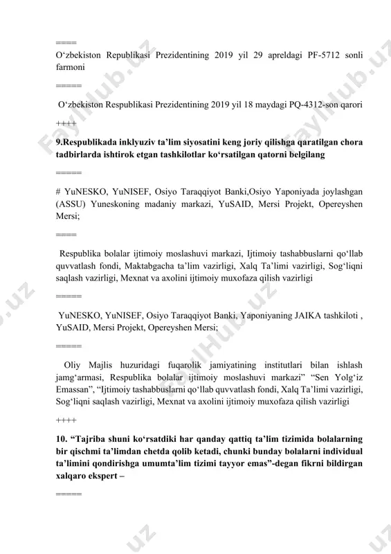 moslashtirishga yo‘naltirilgan umumta’lim jarayoniga qo‘shishni ifodalovchi ta’lim tizimi- ===== # inklyuziv ta’lim ==== differensial ta’lim ===== uyg‘unlashgan ta’lim ===== segregatsiya ta’limi ++++ 13.ta’lim olishda turli xil extiyojli bolalarni ta’lim olishini qo‘zlaydigan, yutuqlarga erishishiga yordam beradigan hamda yaxshi xayot qurishiga imkon yaratadigan ta’lim- ===== differensial ta’lim ==== segregatsiya ta’limi ==== # inklyuziv ta’lim ==== individual ta’lim ++++ 14.ijtimoiy kelib chiqishi, oilasining jamiyatda tutgan o‘rni, mavqei, moddiy va ma’naviy axvoli, jismoniy yoki ruhiy rivojlanishida kamchiligi bo‘lishidan qatiy nazar barcha bolalarni teng ko‘rish, ulardagi har qanday imkoniyatni qadrlash, rivojlantirishni ko‘zda tutadigan ta’lim- ==== differensial ta’lim ==== # inklyuziv ta’lim ==== segregatsiya ta’limi ==== individual ta’lim ++++ 15.to‘g‘ri javobni belgilang ==== inklyuziv ta’lim maxsus ta’lim jarayonini rivojlantiradi va barcha bolalarga mos bo‘lgan ta’limni joriy qiladi. ==== inklyuziv ta’lim - imkoniyati cheklangan bolalar ta’lim olishiga oid qo‘shimcha moslamalarni tashkil qilib bolalarni davolanishiga qulay sharoit yaratadi. ===== # inklyuziv ta’lim xar xil ta’limiy extiyojli bolalarning ta’lim …
