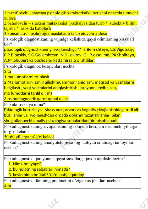 agnostika» (1921) asari chop etilishidan so‘ng psixiatriyada qo‘llanilgan psixodiagnostika -bu maxsus bilimlaming shunday sohasiki, u individ yoki guruh tomonidan erishilgan psixologik rivojlanish darajasi hamda psixik holat, xususiyatlarini aniq baholashning nazariyasi,metodologiya va metodlarini ishlab chiqish bilan shug‘ullanadi deb ta'riflagan olim kim? r.s.nemov psixodiagnostika - shaxs individual-psixologik xususiyatlarini o‘ lchash va aniqlash metodlarini ishlab chiquvchi psixologiya fani sohasi, deb ta'riflagan olim kim? rus psixologlari a.a.bodalev va b.b.stolin psixodiagnostik tekshituv asosida to‘planadigan ma`lumot turlari to’g’ri berilgan qatorni toping? l – ma`lumotlar (life record data) masalan ekspert baholar kuzatish asosida inson hayotidagi ma`lumotlarni kuzatish ekspert baholash natijalarini qayd etish orqali toplanadi q – ma`lumotlar (questionnaire data)- o`zini baholash anketasi so‘rovnomalar asosida to‘plangan ma’lumotlar. mmpi (minnecsota ko‘pfaktorli shaxs so‘rovnomasi), r.kettellning 16-faktorli shaxs so‘rovnomasi. natijalarni tahlil qilishda e’tibor berish kerak t – ma`lumotlar (objective test data)- ob’ektiv test ma’lumotlari. psixodiagnostik tekshituv asosida to‘planadigan ma`lumot turlari nechta? 3ta psixodiagnostik tekshiruv bosqichlari to’g’ri berilgan qatorni aniqlang? 1. tayyorgarlik …