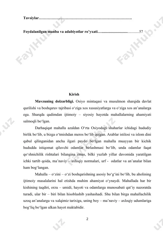 h albatta o‘rinlidir. ma’lumki, azaldan o‘zbek mahallalari chinakkam milliy qadriyatlar maskani bo‘lib keladi. o‘zaro mehr – oqibat, ahillik va totuvlik, ehtiyojmand, yordamga muhtoj kimsalar holidan xabar olish, yetim – yesirlarning boshini silash, to‘y – tomosha, hashar va ma’rakalarni ko‘pchilik bilan bamaslahat o‘tkazish, yaxshi kunda ham, yomon kunda ham birga bo‘lish kabi xalqimizga xos urf – odat va an’analar avvalombor mahalla muhitida shakllangan va riqojlangan. xalqimizga xos o‘zini – o‘zi boshqarish tizimining bu noyob usuli qadim – qadimdan odamlarning nafaqat tilida, balki dilida, bo‘ldi hayotida chuqur joy egallagani bejiz emas”. jamiyatni tubdan isloh qilish jarayonlari fuqarolarning o‘zini – o‘zi boshqarish mahalliy organlari faoliyatini o‘zgartirishni, uni milliy an’analar va jahon tajribalari asosida tashkil etishni zamon taqozo etadi. mavzuning dolzarbligi sifatida, qarshi shahridagi mahallalarning tashkil topishi, shahar aholisining shakllanishi, mahalla (guzar)larning xo‘jalik faoliyati; mahalla aholisining urf – odatlari, marosimlari, mahallachilik an’analarini yangi adabiyotlardagi talqinini tizimlashtirish va tahlil qilish asos qilib olindi. mavzuning o‘rganilishi …