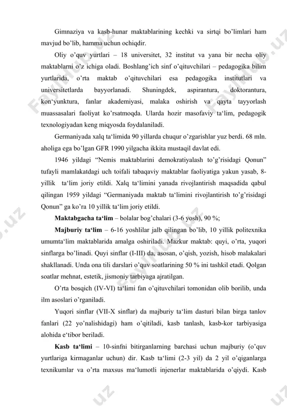 blarida amalga oshiriladi. mazkur maktab: quyi, o’rta, yuqori sinflarga bo’linadi. quyi sinflar (i-iii) da, asosan, o’qish, yozish, hisob malakalari shakllanadi. unda ona tili darslari o’quv soatlarining 50 % ini tashkil etadi. qolgan soatlar mehnat, estetik, jismoniy tarbiyaga ajratilgan. o’rta bosqich (iv-vi) ta‘limi fan o’qituvchilari tomonidan olib borilib, unda ilm asoslari o’rganiladi. yuqori sinflar (vii-x sinflar) da majburiy ta‘lim dasturi bilan birga tanlov fanlari (22 yo’nalishidagi) ham o’qitiladi, kasb tanlash, kasb-kor tarbiyasiga alohida e‘tibor beriladi. kasb ta‘limi – 10-sinfni bitirganlarning barchasi uchun majburiy (o’quv yurtlariga kirmaganlar uchun) dir. kasb ta‘limi (2-3 yil) da 2 yil o’qiganlarga texnikumlar va o’rta maxsus ma‘lumotli injenerlar maktablarida o’qiydi. kasb ta‘limi muassasalarida 3 yil o’qiganlar kasb-hunar egallash bilan birga yetuklik attestati ham oladilar va oliy o’quv yurtiga kirish huquqini qo’lga kiritadilar. kengaytirilgan maktablar – 10-sinf bitiruvchilarini qabul qilib, 2 yil davomida oliy o’quv yurtiga tayyorlaydi. bu maktab bitiruvchilari soni oliy o’quv yurtlari ehtiyojiga teng bo’lib, uning …