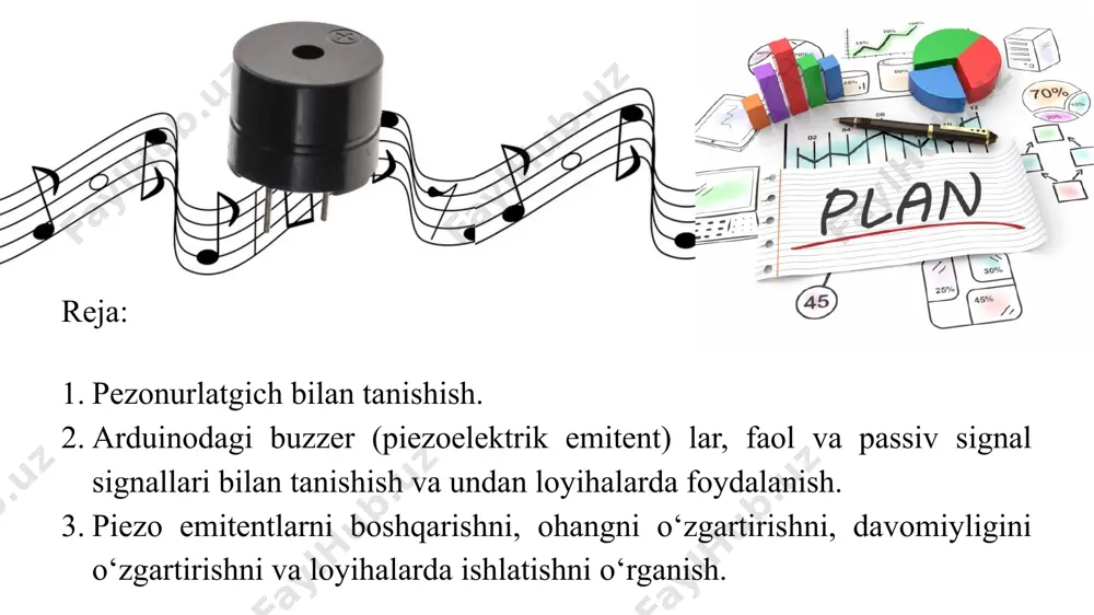 atsiyalana boshlaydi. bunday holda, kerakli chastotadagi "shovqin" chiqaradigan metall plastinkaga zarbalar bo‘ladi. shuni ham yodda tutish kerakki, signalning ikki turi mavjud: faol va passiv. ularning ishlash printsipi bir xil, lekin faol rejimda tovush chastotasini o‘zgartirishning iloji yo‘q, garchi ovozning o‘zi balandroq bo‘lsa va ulanish osonroq bo‘lsada. faol va passiv buzzer o‘rtasidagi farq faol va passiv signalning asosiy farqi shundaki, faol signal o‘z -o‘zidan ovoz chiqaradi. buning uchun foydalanuvchi uni yoqishi yoki o‘chirishi kerak, boshqacha qilib aytganda, kontaktlarga kuchlanish kiritish yoki quvvatni o‘chirish. boshqa tomondan, passiv buzzer tovush signalining parametrlarini o‘rnatadigan signal manbasini talab qiladi. arduino platasi manba sifatida xizmat qilishi mumkin. faol ovozli signal raqobatchisiga qaraganda balandroq bo‘ladi. faol signal signalining chastotasi 2,5 khz +/- 300 gts. quvvat kuchlanishi 3,5 dan 5 v gacha o‘zgarib turadi. faol piezoelektrik emitent ham afzaldir, chunki eskizda ish jarayoniga ta'sir qiladigan kechikish bilan qo‘shimcha kod bo‘lagini yaratish shart bo‘lmaydi. bundan tashqari, foydalanuvchi oldida qaysi …