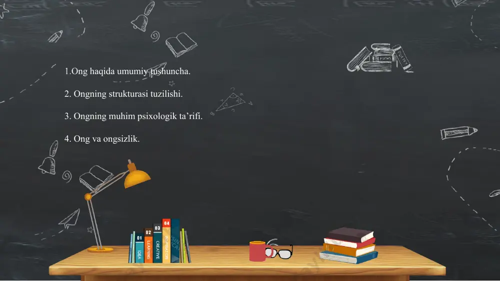 da shakllanishini ijtimoiy tarixiy shart-sharoitlari natijasi hisoblanadi. shu ma’noda ong marksizm klassiklarining ta’kidlashicha ijtimoiy mahsul bo’lib anglagan borliqdan buyuk boshqa narsa emasdir. ongning strukturasi tuzilishi. ongning strukturasi tuzilishi, uning muhim psixologik ta’rifi qanday. uning birinchi ta’rifi-nomining o’zidayoq berilgan bo’lib, ong deganidir. kishining ongi bizning tevarak atrofimizni qurshab turgan olam haqidagi bilimlar majmuasidan tarkib topdi. k.marks. «ongning yashash usuli va ong uchun nimaningdir borligi bilimdir». deb yozgan edi. ongning strukturasiga muhim bilish jarayonlari kiradi. ular yordamida odam o’z bilimlarini doimo boyitib boradi. bu jarayonlar qatoriga sezgilar va idrokni, xotirani, xayol va tafakkurni qo’shish mumkin. sezgilar va idrok yordamida miyaga ta’sir etuvchi kuzatuvchilarning bevosita aks etishi natijasida ongda borliqning o’sha momentda kishi tasavvurida hosil bo’lgan hissiy manzarasi gavdalanadi. xotira ongda o’tmish obrazlarini qaytadan gavdalantiradi. xayol ehtiyoj ob’ekti bo’lgan ammo hozirgi paytda yo’q narsning obrazli modelini hosil qiladi. tafakkur umumlashgan bilimlardan fodalangan yo’li bilan masalaning hal etilishini ta’minlaydi. aytib o’tilgan psixik bilish jarayonidan …
