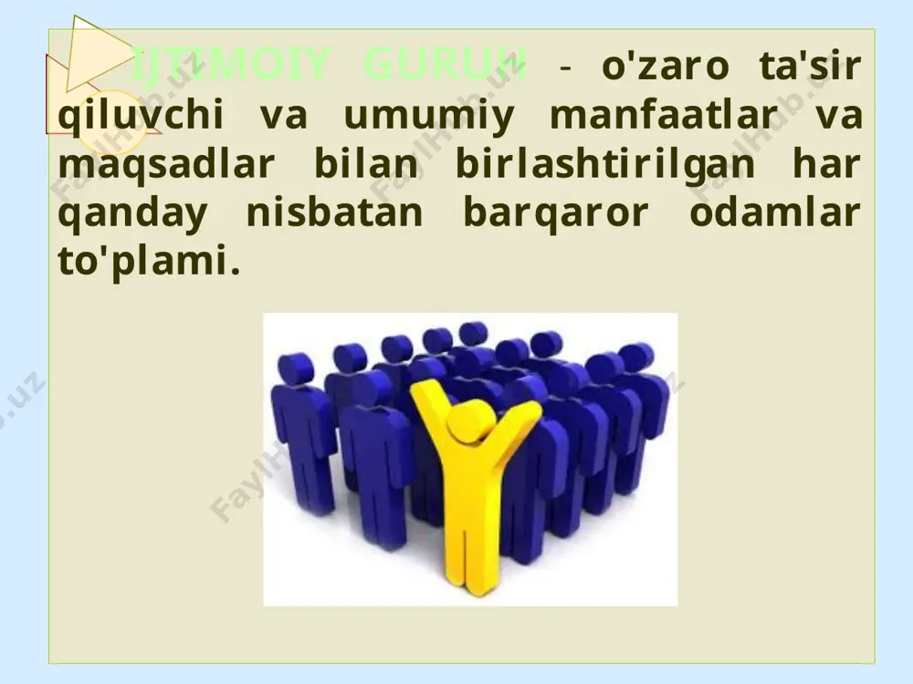 yaqinroq aloqalar bilan bog'lanadi. kichik guruhlarning tasnifi kichik guruh laboratoriya tabiiy ikkinchi noformal vaqtinchi barqaror asosiy rasmiy ijtimoiy-psixologik treninglar guruhi kichik guruhlar ijtimoiy psixologiyadagi laboratoriya tajribalarining asosiy ob'ekti hisoblanadi. shuning uchun ilmiy muammolarni hal qilish uchun maxsus yaratilgan sun'iy (yoki laboratoriya) guruhlarni va tabiiy guruhlarni farqlash kerak. tadqiqotchining irodasiga bog'liq bo'lmagan holda mavjud bo'lgan guruhlar. tabiiy kichik guruhlar orasida eng muhimi e. mayo tomonidan taklif qilingan rasmiy va norasmiy guruhlarni ajratishdir. rasmiy guruhlar - guruhlar, a'zolik va munosabatlar asosan rasmiy xarakterga ega. (rasmiy kichik guruhlar, birinchi navbatda, ijtimoiy tashkilotlar va muassasalar bo'linmalarining boshlang'ich jamoalari). boshlang'ich guruhning o'ziga xos xususiyatlari: kichik kompozitsiya a'zolarning fazoviy yaqinligi aloqa chastotasi mavjudlik muddati maqsad birligi ixtiyoriy kirish guruh a'zolarining xatti-harakatlarini norasmiy nazorat qilish mavjud bo'lish vaqtiga ko'ra guruhlar quyidagilarga bo'linadi: vaqtinchalik , unda shaxslarning birlashishi vaqt bilan cheklangan (masalan, guruh muhokamasi ishtirokchilari yoki poezddagi kupedagi qo'shnilar) barqaror , mavjudligining nisbiy doimiyligi ularning maqsadi va uzoq …