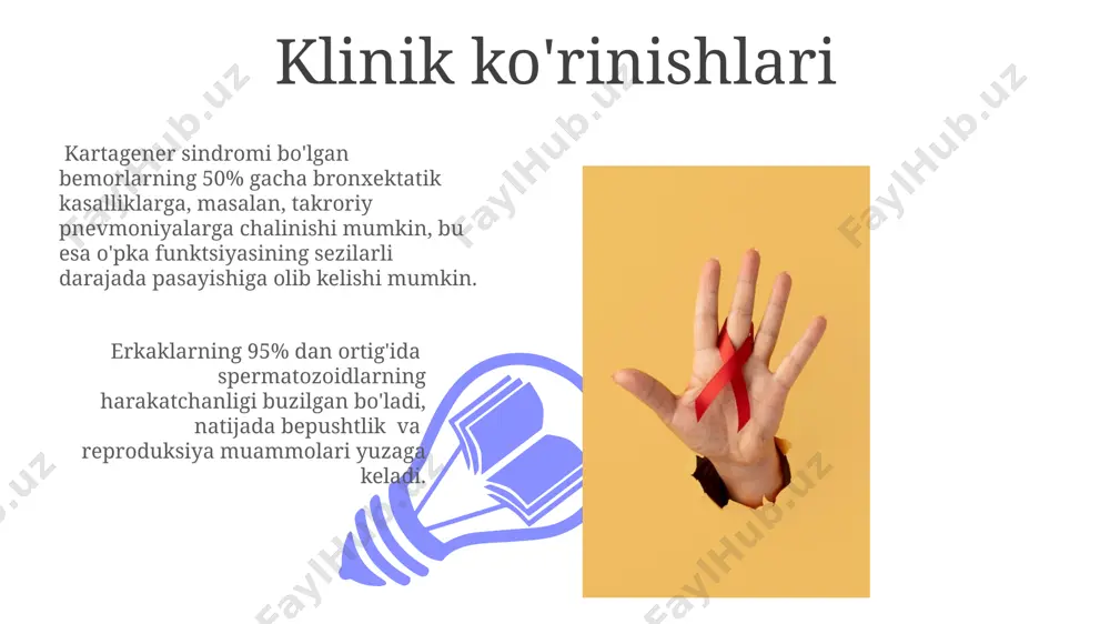 tomografiyasi (kt) va rentgenografiya yordamida, ayniqsa ko'krak qafasi sohasida o'tkazilgan tekshiruvlar natijalari asosida amalga oshiriladi. kartagener sindromi bo'yicha 20 dan ortiq ilmiy maqola 1990-yillardan buyon dunyoning turli mamlakatlari, jumladan, aqsh va yevropa davlatlarida nashr etilgan bo'lib, ular kasallikning genetik jihatlarini o'rganishga bag'ishlangan. e'tiboringiz uchun rahmat @taqdimot_robot image4.jpg image5.jpg image6.jpg image7.jpg image8.jpg image9.jpg image10.jpg image11.jpg image12.jpg image1.jpeg image2.jpeg image3.jpeg