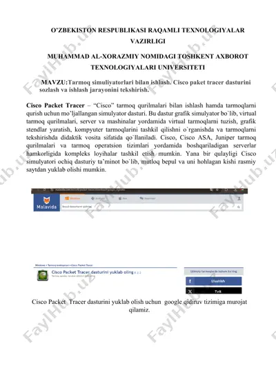 tarmoq simuliyatorlari bilan ishlash. cisco paket tracer dasturini sozlash va ishlash jarayonini tekshirish. — DOCX