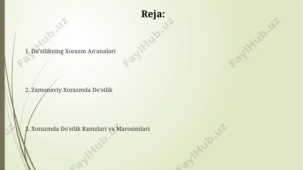 ib, mahalliy urf-odatlar, jumladan, "mehmonlarni kutib olish marosimi" va "birgalikdagi ovqatlar" kabi an'analar orqali mustahkamlanadi. xorazmda do'stlar o'rtasidagi ishonch va sadoqat, oilaviy qadriyatlarga o'xshab 10 ta asosiy tamoyillar bilan ifodalanadi va bu tamoyillar avloddan-avlodga o'tib kelmoqda. zamonaviy khorezmda do'stlik taxminan 15 yil avval, xorazmda "do'stlik bog'i" deb nomlangan 7 ta yangi park barpo etildi, bu do'stlik va birdamlikni mustahkamlashga qaratilgan mahalliy hokimiyatning tashabbusi edi. zamonaviy xorazmda, ayniqsa, 20-30 yoshdagi yigitlar o'rtasida "aka-uka" do'stligi tushunchasi 50% ga ko'paygan, bu urganch va xiva kabi shaharlarda kuzatilgan ijtimoiy hodisa. xorazm viloyatining qishloq joylarida 30 dan ortiq yillik do'stlik munosabatlarini saqlab kelayotgan 100 dan ziyod oilaning an'anaviy osh-xurush marosimlari hali ham davom etmoqda. do'stlik tushunchasi xorazmda do'stlik munosabatlari 500 yildan ortiq tarixga ega bo'lib, mahalliy urf-odatlar va qadriyatlar, masalan, mehmondo'stlik va o'zaro yordam kabi tushunchalar bilan chambarchas bog'liqdir. xorazmda do'stlar orasida 2-3 avlod davomida saqlanib qolgan, ayniqsa qarindoshlik munosabatlariga asoslangan mustahkam do'stlik rishtalari mavjud …