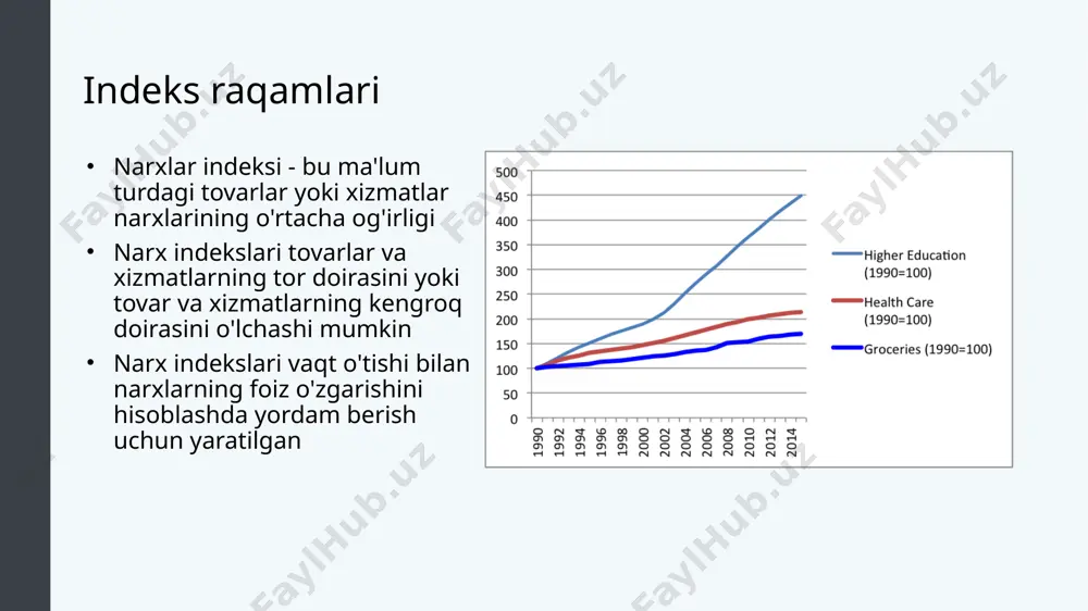 aqi va qo'shimcha nafaqalarni o'z ichiga olgan mehnat kompensatsiyasining o'rtacha narxini baholash. yaim deflyatori : yaim tarkibiga kiradigan barcha tovarlar va xizmatlarning o'rtacha narxini o'lchaydigan narxlar indeksi; nominalni real yaimga aylantirish uchun foydalaniladi. ishlab chiqaruvchilar narxlari indeksi : tovarlar va xizmatlarni ishlab chiqaruvchilar tomonidan etkazib berish va kiritish uchun to'langan narxlarga asoslangan narxlar indeksi. yaim deflyatori va ishlab chiqaruvchilar narxlari indeksi yaim deflyatori bir nechta nomlar bilan ajralib turadi, masalan, yaim uchun yashirin narxlar deflyatori va yaim narxlari indeksi, ammo ularning barchasi nominalni real yaimga aylantirish uchun foydalaniladigan narx indeksini anglatadi. ishlab chiqaruvchilar narxlari indeksini turli sohalar, tovarlar va qayta ishlash bosqichlari (masalan, tayyor mahsulotlar, oraliq mahsulotlar, keyingi qayta ishlash uchun xom ashyo va boshqalar) narxlari indekslariga bo'lish mumkin. inflyatsiya bilan bog'liq muammolar nominal foiz stavkasi : kredit bo'yicha haqiqiy foiz stavkasi pensiya : belgilangan pensiya to'lovi real foiz stavkasi : inflyatsiyadan keyingi foiz stavkasi hisobga olinadi; nominal foiz stavkasi …