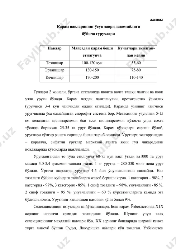 учун эса, ашхабадская нави тавсия этилади. бош карам селекциясининг асосий йўналишлари қуйидагилар: · касаллик ва зараркунандаларга чидамлилик; · ҳар хил тезпишарлик; · механизацияга мослашганлик; · янги ҳолатда, узоқ сақлашга, қайта ишланган ҳолатда истеъмол учун мос; · таъми (мазаси), озиқалик сифатлари юқори; · ҳаво ҳарорати юқори ва нисбий намлиги паст шаро​итга мослик ва бошқалар. бундан ташқари эртаги карам учун август ойида етиладиган на​в-ларни яратиш мақсадга мувофиқ. · республика шароитида жанубий вилоятларда октябр ой​ида очиқ ерларга марказий вилоятларда – плёнка остида экилиб март – апрел ойларида маҳсулот берадиган кузги на​влар қимматли бўлиб ҳисобланади. · қишда узоқ вақт сақлашга яроқли навлар яратиш ҳам селекция​нинг вазифаларидан бўлиб ҳисобланади. селекция учун дастлабки материал ва селекция усуллари. дастлаб ўзимизда ва хориж маҳаллий навлар орасидан танлаш селекциянинг асосий усул бўлиб ҳисобланган бўлса, кейинчалик эса дурагайлаш се​лекцияда дастлабки материал яратиш усули бўлиб хизмат килди. карам селекциясида навларни чатиштиришда изоляцияланган да​лага навбатлашиб экилган карам навларини экиб эркин чанглатиш усули …