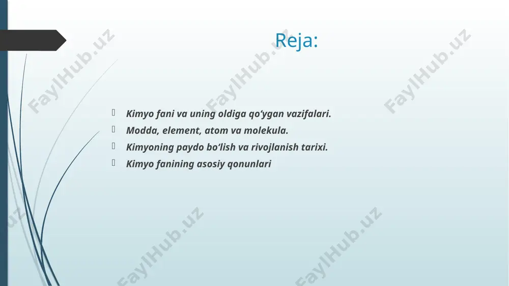 rli moddalarning tarkibini tajribalar yordamida aniqlab, tarkibining doimiylik qonunini yaratdi. olinish usulidan qat'iy nazar, har qanday toza birikmaning tarkibini tashkil etuvchi elementlarning ogirliqlari o‘zgarmas nisbatda bo‘ladi. masalan: c+o2=co2 ch4+2o2=co2+2h2o caco3=co2+cao avogadro qonuni: har qanday gaz holatiga o‘ta oladigan moddaning 1 gramm molekulasi normal sharoitda 22.4 l. hajmni egallaydi. bir hil sharoitda va barobar hajmda olingan turli gazlarning molekulalar soni barobar bo‘ladi. avogadro oddiy gazlarning (vodorod, azot, kislorod va boshqalar) molekulalari ikki atomdan tuzilgan deb hisoblaydi. har qanday moddaning 1 gramm- molekulasida 6,02•1023 ga teng molekula bo‘ladi. bu avogadro sonidir. kimyoviy reaksiyaning turlari. 1.o‘rin olish reaktsiyasi na+2h2o=2naoh+h2 2.ajratish yoki parchalanish reaktsiyasi nh4ci=nh3+hci 3.neytrallash yoki almashinish reaktsiyasi naoh+h2so4=naso4+4h2o 4.birikish reaktsiyasi co2+h2o=h2co3 modda elementlar kimyoviy xossalari oksidlovchilik xossasi qaytaruvchanlik xossasi fizik xossalari elektron zichligi qaynash harorati suyuqlanish harorati ta’mi neytron rangi hidi proton blis so’rov: 1, atom nima? unga ta’rif bering? 2, molekula-chi? 3, massaning saqlanish qonuniga ta’rif bering. 4, tarkibning doimiylik qonuniga …