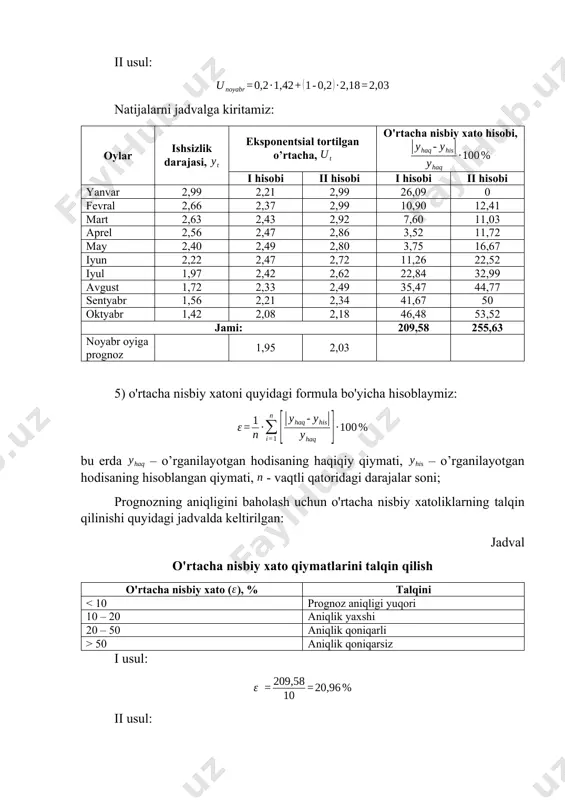 56 1,42 vaqtning shartli belgilanishini prognoz qilinayotgan bazaning davrlarini ketma-ket raqamlash orqali ifodalaymiz (3-ustun). 4 va 5-ustunlarni hisoblab olamiz. qiymat formula bo'yicha aniqlanadi, bu erda - prognoz davri; - prognoz qilingan ko'rsatkich; va - koeffitsientlar; - vaqtning shartli belgisidir. va koeffitsientlari quyidagi formulalar bilan aniqlanadi: oylar ishsizlik darajasi, , % vaqtning shartli belgilanishi, yanvar 2,99 1 2,99 1 2,98 0,33 fevral 2,66 2 5,32 4 2,81 5,64 mart 2,63 3 7,89 9 2,64 0,38 aprel 2,56 4 10,24 16 2,47 3,52 may 2,40 5 12 25 2,3 4,17 iyun 2,22 6 13,32 36 2,13 4,05 iyul 1,97 7 13,79 49 1,96 0,51 avgust 1,72 8 13,76 64 1,79 4,07 sentyabr 1,56 9 14,04 81 1,62 3,85 oktyabr 1,42 10 14,2 100 1,45 2,11 22,13 55 107,55 385 28,63 2,213 5,5 10,755 38,5 demak, modelimiz: o'rtacha nisbiy xatoni quyidagi formula bo'yicha hisoblaymiz: bu erda – o’rganilayotgan hodisaning haqiqiy qiymati, – o’rganilayotgan …