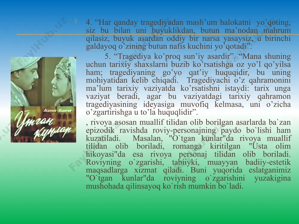 ga irg’itilgan ota-onalarni ko’rmaysiz. yuraklarni qon qiluvchi sud jarayoni ham yo’q” (sh.boshbekov), unda qishloq ayolining uqubatli, og’ir hayoti kulguli (yumoristik va ba’zan satirik) voqealar (masalan, alomat nomli temir-robotning taqdiri) orqali tasvirlanadi (ko’rsatiladi). dramaturg o’z asarini “jiddiy komediya” deb ataydi va “umuman inson fojeasi haqida komediya yozish” mumkinligini ham ta’kidlaydi. bu ta’kidlar bitta xulosani isbot etadi, ya’ni sof adabiy janrlar bo’lmaydi, ularning barchasi hamkorlikda, o’zaro bog’liqlikda yashaydi. melodrama(yun.melos-ohang, kuy, drama-harakat), dastavval, musiqali drama asari sifatida yuzaga kelgan va undagi qahramonlar kuy jo’rligida so’zlashganlar (shu sababli hozir ham italiyada melodrama opera ma’nosida qo’llaniladi). unga j.j.russo “pigmalion”(1762) asari bilan asos solgan. bugungi kunda “kuchli ta’sir kuchiga ega bo’lgan, favqulodda voqealarga, tendensioz ahloq va keskin intrigalarga boy dramatik asarlar” (n.hotamov, b.sarimsoqov)ni melodrama deb yuritish rasm bo’lgandir. ayniqsa, “otalar so’zi aqlning ko’zi” teleko’rsatuvlarida bu janrlarning ko’plab namunalari ko’rsatilmoqda. melodrama janrida ko’plab kinofilm (masalan, amerikaning “arvoh”...)lar yaratilgan, ularda qatnashuvchi xarakterlarning holat va xatti-harakatlariga uyg’un holda musiqa …