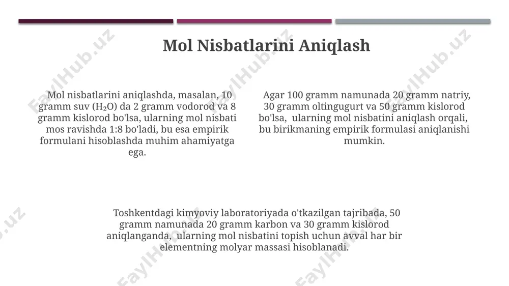 an tajribada, 100 gramm noma'lum birikmaning tarkibida 40 gramm kalsiy (ca) va 60 gramm xlor (cl) aniqlangan bo'lib, bu ma'lumotlarga asoslanib molekulyar formula cacl₂ deb topildi. misol: suvning empirik formulasini hisoblash suvning empirik formulasini hisoblashda, 18 gramm suvda 2 gramm vodorod va 16 gramm kislorod borligini hisobga olib, ularning molyar massalaridan foydalanib, h₂o formulasini olamiz. suvning empirik formulasini hisoblashda, elementlarning atom massalari (vodorod – 1, kislorod – 16) va ularning massaviy nisbatlaridan foydalaniladi, natijada soddalashtirilgan formula h₂o hosil bo'ladi. toshkentdagi kimyo laboratoriyasida o'tkazilgan tajribalarda, suv namunalarini tahlil qilish natijasida, h:o nisbati 2:1 ekanligi aniqlandi, bu esa empirik formula h₂o ni tasdiqlaydi. avogadro sonining ta'rifi avogadro soni 6.022 x 10²³ ga teng bo'lib, 12 gramm uglerod-12 izotopida mavjud bo'lgan atomlar sonini ifodalaydi va kimyoviy hisob-kitoblarda keng qo'llaniladi. avogadro soni yordamida, 1 mol har qanday moddada 6.022 x 10²³ ta zarracha (atom, molekula yoki ion) mavjudligini aniqlash mumkin, bu esa turli kimyoviy …