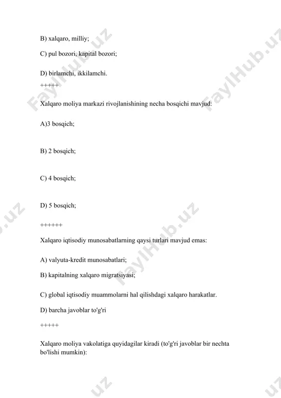 smi d) “moliya” bu davlat moliya tizimini o’rgansa, “zamonaviy moliya” korxonalar moliya tizimini o’rganadi ++++++ “xalqlar boyligi tabiati va sabablari borasida tadqiqotlar” kitobining muallifi kim? a) a.smit b) d.rikardo c) keyns d) s.mill +++++ “zamonaviy moliya” (fani)ni o’rganish zarurligining sabablari keltirilgan qatorni belgilang. a) barcha javoblar to’g’ri b) o‘z pul mablag‘laridan samarali foydalanish va biznes dunyosida muvaffaqiyatli faoliyat yuritish c) dunyoqarashni kengaytirish hamda qiziqarli va daromadli karera qilish d) mamlakat iqtisodiy siyosatiga ta’sir qiladigan ongli fuqarolik qarorlari qabul qilish imkoniyatiga ega bo‘lish ++++++ moliyaviy bitimlar tuzish, aktivlar va riskni almashishda foydalaniladigan bozorlar va boshqa institutlar majmui qanday nomlanadi? a) moliyaviy tizim b) korxonalar moliyasi c) davlat moliyasi d) zamonaviy moliya +++++ “saqlashga qo’yilgan buyum”, “omonat” ma’nolarini anglatuvchi so’z berilgan javobni belgilang. a) deposit b) moliya c) defitsit d) sertifikat ++++++ zamonaviy yirik korporatsiyaning tashkiliy tuzilmasida eng yuqori o’rinda kim turadi? a) korporatsiyaning ijrochi direktori (chief executive officer (ceo) b) bosh …