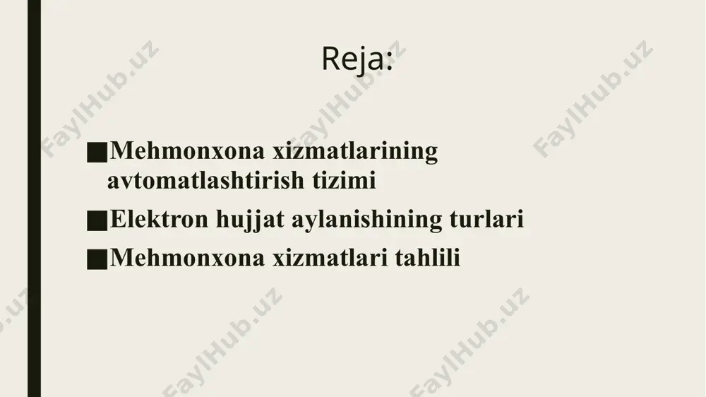 i; boshqaruv hujjatlari aylanishi; arxivlash (arxiv ish jarayoni uchun protseduralar to'plami); buxgalteriya hujjatlari aylanishi; ombor hujjatlari aylanishi; maxfiy tijorat sirlari va maxfiy ofis ishlari; texnik va texnologik hujjatlar aylanishi. elektron hujjatlar aylanishini avtomatik nazorat qilish orqali samarali boshqaruvni va barcha darajadagi butun tashkilotning shaffofligi ta’minlash asosiy vazifa hisoblanadi. bundan tashqari, xalqaro standartlarga mos keladigan sifat nazorati tizimini yaratish va ma’lumotlarni to'plash va ulardan samarali foydalanishni yo’lga qo’yish ham muhim vazifalardan biridir. har bir xodimning faoliyatini rasmiylashtirish va kadrlar moslashuvchanligini ta'minlash ham juda muhimdir. mehmonxona faoliyatida ichki xizmat tekshiruvlarini o’tkazish, bo'limlar faoliyatini tahlil qilish, faoliyatdagi "qaynoq nuqtalarni" aniqlash zarur. ma’lumki, elektron hujjat aylanish tizimlari - bu zamonaviy dunyoda bozor sharoitlarining o'zgaruvchanligini tushunish va juda foydali, ammo tez harakatlanish uchun "faqat eng kerakli" ga ega bo'lish zarurati bilan bog'liq ish oqimi tizimlari sohasidagi yangi tendentsiya hisoblanadi. ilg'or qo'shimcha xizmatlarga ega elektron hujjat aylanishi tizimlari, masalan, mijozlar bilan munosabatlarni boshqarish (crm - customer …