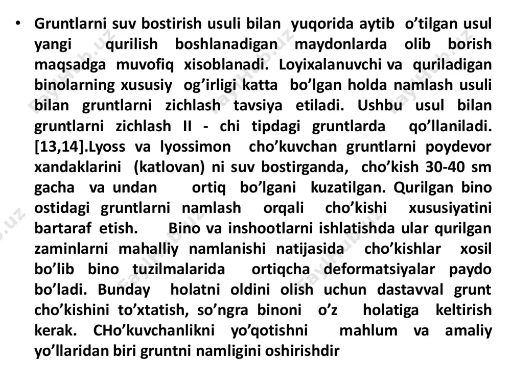 agi grunt sharoitida quriladigan to’kkiz qavatli yirik panelli bino qurilishning texnik- iqtisodiy ko’rsatkichini taxlil qilish uchun asos va poydevorlarning quyidagi variantlari ko’rib chiqilgan: [13,14]. 1) chuqurligi 3 m gacha bo’lgan gruntda og’ir yuk bilan zichlangan asosga tasmasimon yig’ma poydevor o’rnatish; 2) qalinligi 3 m bo’lgan grunt yostikda o’rnatilgan tasmasimonyig’ma poydevor o’rnatish; 3) asosi zichlashtirilgan xovuzlarda poydevor panellar o’rnatish; 4) kesimi 30x30 sm svay poydevorni cho’kuvchan qatlamdan 1-2 m uzun qilib o’rnatish; • • 5) diametri 0,5 m bo’lgan quyma svayni cho’kuvchan qatlamidan 2 m ortiq kilib kyyish. • ushbu holatlarda asos va poydevor barpo qilishda texnik- iqtisodiy ko’rsatkichini taxlil qilish uchun kalinligi 4, 6, 8, 10 m li lyoss cho’kuvchan xususiyatli gruntlarda tajriba o’tkazilgan. tajriba o’tkazilayotgan qatlamlardan keyingi qatlam ishonchli hajmiy og’irligi 1,65 t/m3 teng bo’lgan gilsimon (suglinkali) zaminlardan iborat. [14] • yuqorida ko’rsatib o’tilgan variantlardan iqtisodiy eng tejamlisi uchinchi variant xisoblanadi. bu variantda qoziq- poydevor o’rnatishga nisbatan metall sarfi …