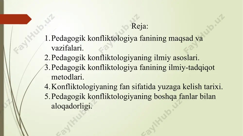 ni hozirgi kunda barcha oliy va o‘rta maxsus o‘quv yurtlarida olib borilmoqda. konfliktologiya fani o‘quv fani sifatida yetakchi o‘rinni egallaydi. pedagogik konfliktologiya bu o‘qituvchi va o‘quvchi o‘rtasidagi ziddiyatlarini o‘rganuvchi fandir. zamonaviy sharoitda pedagogik konfliktologiyaning o‘qitilishi o‘qituvchining pedagogik madaniyatini rivojlantiradi. pedagogik konfliktlar deganda biz o‘qituvchi va o‘quvchi o‘rtasidagi ta’lim jarayonida kuzatiladigan ziddiyatlar, tortishuvlar kelishmoqchmiliklar, qarama-qarshiliklarni tushunamiz. pedagog har tomonlama o‘quvchilarga bilimlarini berishi uchun avvolo o‘zi tarbiyalanishi lozimdir. o‘qituvchi tarbiyani aqliy, axloqiy ma’naviy estetik, jismoniy, ruhiy mehnatsevarlik, tejamkorlik turlari bilan birga bilimni o‘quvchilarga yetkazishi berishi uchun chiroyli nutqda ega bo‘lishi o‘rinlidir. pedagog o‘z mutaxassisligini puxta egallashi keng bilim doirasiga ega bo‘lishi ta’lim jarayonini olib borayotgan paitdata’limni hayot bilan bog‘lashi lozimdir. konflikt o‘zi nima? “konflikt” atamasi “nizo” tushunchasining dastlabki ekvivalenti sanaladi. bu fan o‘rganuvchi ob’ektlar nimalardan iborat? konfliktlarni kelib chiqishini, sabab va oqibatlarini o‘rganuvchi fan “konfliktologiya” bo‘lib, u lotincha “conflictus” – to‘qnashuv, “logiya” – ta’limot demakdir. demak, to‘qnashuv haqida ta’lim berish, ya’ni to‘qnashuv …