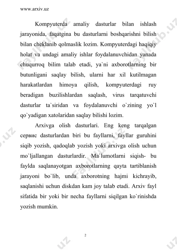 0%/vi siqilish darajasi siqish uchun ishlatilayotgan dasturga, chiqish metodiga va siqilayotgan fayl turiga bog`liqdir. arxivga oluvchi yoki siqib yozuvchi dasturlar ishlatayotgan siqish metodlari bilan farqlanadi va o`z-o`zidan siqilish darajasiga ta`sir etadi. arxivga olish (upakovka - qadoqlash) - fayllarni siqilgan yoki normal holatda arxiv faylga joylashdir. arxivdan chiqarish (raspakovka- qadoqni ochish) - bu arxivga olingan fayllarni boshlangich holatiga qanday bo`lsa shunday arxivdan chiqarish jarayonidir. arxivdan chiqarishda fayllar yo`l ko`rsatilgan bo`lsa diskga yoki tezkor xotiraga joylashadi. fayllarni arxivga oluvchi va undan chiqaruvchi dasturlarni arxivator dasturlar deb ataladi. hajmi jihatidan katta bo`lgan arxiv fayllarni bir necha disklarga joylashtirish mumkin. bunday arxivlar ko`p tomli arxivlar deb ataladi. tom - bu ko`p tomli arxiv fayllarning tashkil etuvchi qismidir. arxivator dasturlarning asosiy turlari. hozirgi kunda ish ulchamlari va vazifalari bilan farqlanuvchi bir necha xil arxivator fayllar mavjud. ular ichidan eng ko`p ishlatiladigan dasturlar bilan tanishib o`tamiz. arj, pkpak, lha, ice, hyper, zip, rak, expand va rossiyada …