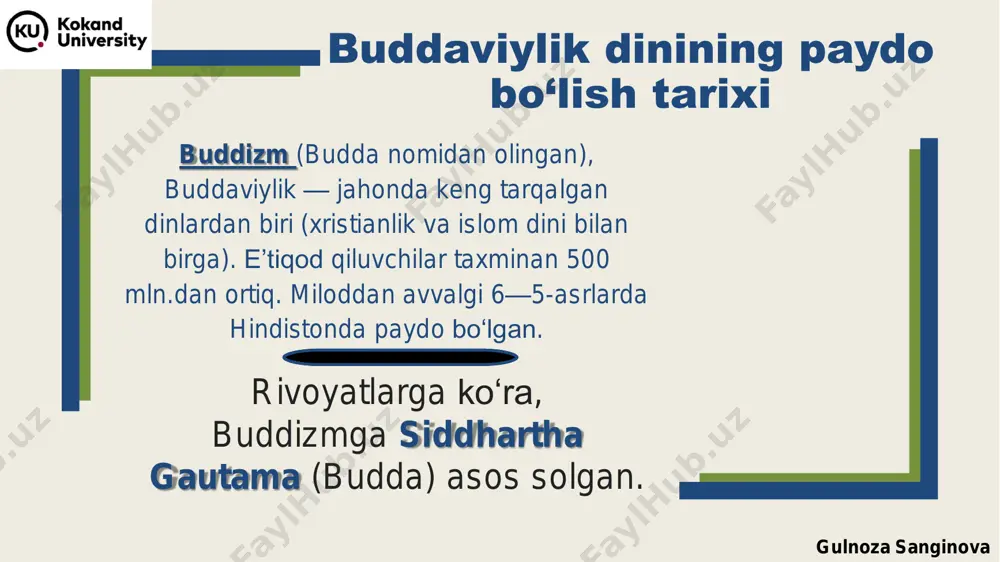 siya 2. ahloq 3. donolik meditatsiya gulnoza sanginova tripitaka va buddaviylikning muqaddas manbalari. buddaviylik ta'limoti bir qator devon shakliga keltirilgan to'plamlarda bayon qilingan. devonlardan eng asosiysi tripitaka (yoki tipitaka) – savat ma'nosini anglatadi. u uch qismdan iborat bo'lganligi uchun shunday nom bilan atalgan. gulnoza sanginova tripitaka • tripitaka milodning boshlarida shakllangan. ular - budda targ'ibotining haqiqiy bayoni hisoblangan. pali tilida “tipitaka” — buddizm yozuvlari toʻplami hisoblanadi.tripitaka kitobi gulnoza sanginova tripitaka keyinchalik shakllangan ❑sanskrit ❑xitoy ❑tibet ❑ kxmer ❑ yapon tillaridagi buddaviylikka oid adabiyotlar ancha keng tarqalgan, ammo ularning tarixiy qiymati kamroq. budda hayotiga tegishli rivoyatlarning barchasi tripitakada jamlangan. tripataka yozuvlari gulnoza sanginova http://fayllar.org/eritage-du-sanskrit-dictionnaire-sanskrit-francais.html http://fayllar.org/eritage-du-sanskrit-dictionnaire-sanskrit-francais.html buddaviylik manbalari ❖ sutta-pitaka - budda targ‘ibotining haqiqiy bayoni hisoblangan sutra matnlari; ❖ vinaya-pitaka - rohiblik ahloqi va xonaqohlar nizomlariga bag‘ishlangan vinaya matnlari; ❖ abxidxarma-pitaka -buddaviylikning falsafiy va psixologik muammolarini bayon qilib berishga bag‘ishlangan abxidxarma matnlaridan iborat. tripitaka (yoki tipitaka) – uch savat ma'nosini anglatadi. u …