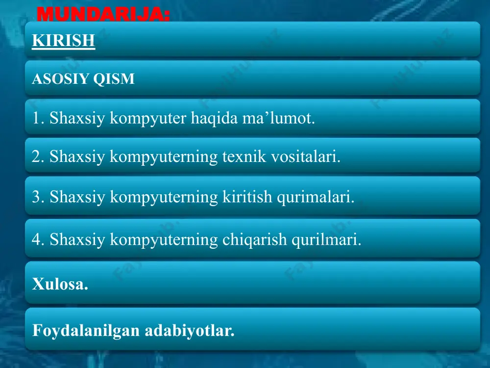 otlari, texnikadan foydalanishning qulaylik darajasi bilan bir-biridan farq qiladi. avlodlar asosiy element amal bajarish tezligi (1 sek.) kiritish chiqarish qurilmasi qo’shilgan dasturiy ta’minot shu avlod ehm lariga misol 1-avlod 1946-1955 elektron lampa 10-20 ming boshqarish pulti, perfo karta mashina tili, dasturlash tili eniac, mesm, ural 2-avlod 1956-1965 tranzistor 100-500 ming perfolenta, magnitli baraban dispetchor, paket sistemasi ibm 707, besm-6, minsk-22 3-avlod 1966-1974 integral sxema videoterminal sistemasi operatsion sistemalar ibm 360, ec-1030 4-avlod 1975-… katta integral sxema rangli grafik displey ma’lumotlar ombori przvets, ibm, pentium. 1. shaxsiy kompyuter haqida ma’lumot. jon mouchli va jon ekkert aqshning pensilvaniya universitetida 1946-yilda 1-elektron hisoblash mashinasini: eniac (70 tonna 18 ming elektron lampa, 300 ni yaratishdi. sekundiga 300 ta ko’paytirish 5000 ta qo’shish amalini bajara olar edi. kompyuter – so’zi ingliz tilidan olingan bo’lib, hisoblagich degan ma’noni anglatadi. birinchi shaxsiy kompyuter 1973 yilda fransiyada nruohg trohg ti tomonidan yaratilgan. shaxsiy kompyuter (mikro va -mikro ehm) …