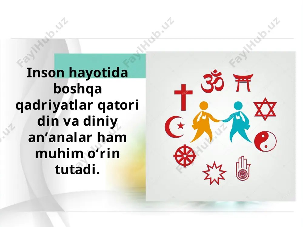an’analari rivoji uchun qulay sharoitlar yaratilgani, dinning asl mohiyatini tushunishga yordam beradi. savol va topshiriqlar: 1. dinlar qadim zamonlardan buyon qanday g‘oyalarni amalga oshirishga xizmat qilib kelmoqda? 2. prezidentimizning din haqida aytgan fikrlari haqida gapirib bering. 3. bugungi kunda dinlararo bag‘rikenglikni mustahkamlash uchun qanday tadbirlar amalga oshirilmoqda? 4. mamlakatimiz hududida qadimdan hamkorlikda rivojlanib kelayotgan qanday dinlarni bilasiz? 5. rasmlarga qarab, bag‘rikenglik fazilatlari haqida gapirib bering. image3.jpeg image4.jpeg image5.jpeg image6.jpeg image7.png image8.jpeg image9.jpeg image10.jpg image11.emf image12.emf image13.jpeg image14.jpeg image15.jpeg image16.jpeg image1.jpeg image2.jpeg