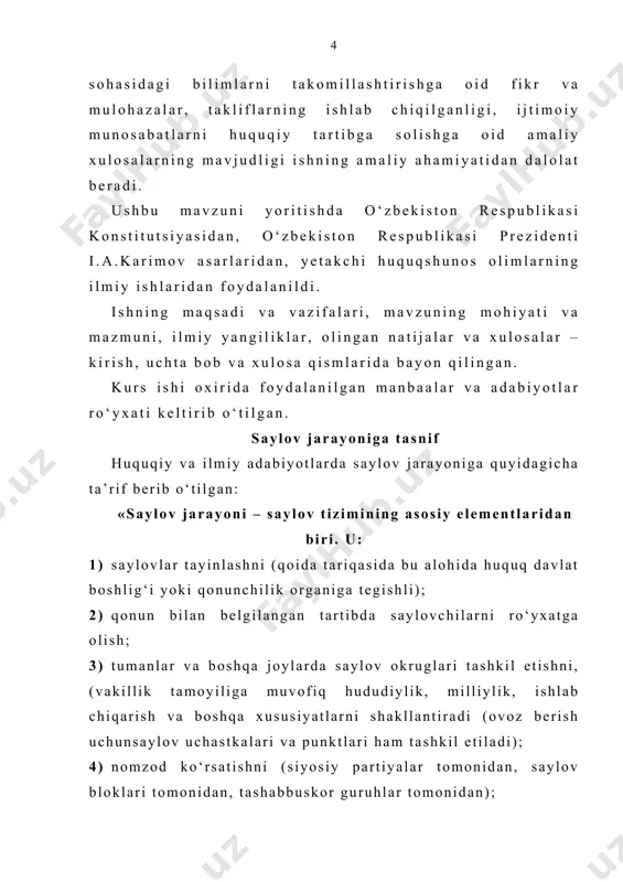 shlab chiqiladi. uchinchidan, saylov oldi kampaniyasini pul, mablag’ bilan ta’minlash tartibi va sharoitlari belgilanadi. masalan, qator mamlakatlar (aqsh, yaponiya, buyuk britaniya) qonuni saylov kampaniyasini o‘tkazishga yo‘l qo‘yilishi mumkin bo‘lgan xarajatlarning eng ko‘p miqdorini belgilaydi. qonun ko‘pgina mamlakatlarda partiyalar va nomzodlar foydasiga xususiy shaxslardan xayriya mablag‘larining tushushi mumkin bo‘lgan maksimal darajasini, saylov kampaniyasini davlat tomonidan subsidiyalash imkoniyati miqdori va shartini belgilaydi. saylov kampaniyasini chet el va noma’lum manbalardan moliyalashtirsh qat’iyan man etiladi. xorijiy mamlakatlarda saylov huquqi tamoyillari saylov tamoyillari – bu saylovlarda xalq o’z erkini ifoda etishida muhim rol o’ynovchi shartlar bo’lib hisoblanadi. saylov huquqining tamoyillariga umumiylik tamoyili, tenglik tamoyili, erkinlik tamoyili, to’g‘ridan-to’g‘ri ovoz berish tamoyili va yashirin ovoz berish tamoyillari kiradi. 1.umumiylik tamoyili - ushbu tamoyil saylov huquqi barcha qonunda ko’rsatilgan yoshga yetgan va ruhiy sog’lom insonlarga tegishliligini anglatadi. konstitutsiyalar va qonunchilik hujjatlari saylovchilarni belgilashda bir qancha shartlar - senzlarni belgilagan. ushbu senzlarga to’liq javob bergan shaxs - saylovchi hisoblanadi. …