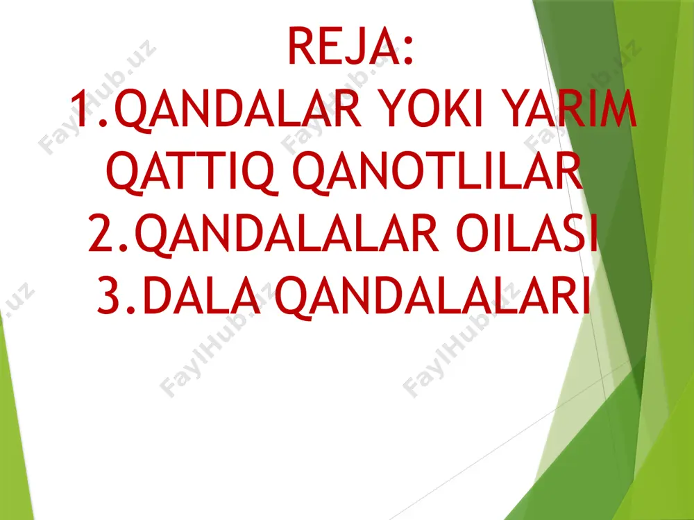ydi. bularga bir nechta oila kiradi: mo‘ylovlari normal rivojlangan. ko‘pchiligi quruqlikda (ba’zilari suvda ) yashaydi. bularga bir nechta oila kiradi: parazit qandalalar-cimicidae oilasi. tanasi yassi, oldingi qanotlari juda qisqarib ketgan. issiqqonli hayvonlarning qonini so‘rib oziqlanadi. qush uyalarida, ko‘rshapalaklarda, daraxt kavaklarida, g‘orlarda uchraydi. masalan, to‘shak qandalasi. yirtqichlilar-reduvriidae oilasi. bularning xartumchasi pastga qarab o‘rnashgan, ammo tanaga zichlashib turmaydi, yoysimon qayrilgan. ko‘proq tropik zonalarda tarqalgan. o‘rta osiyoda janubiy zonalarda ko‘proq uchraydi. hasharotlar ichki suyuqligini so‘rib oziqlanadi. miridilar — miridae yoki ko‘zchasizlar (so‘qirlar) oilasi. bularning tanasi cho‘ziq, ixcham va teri qoplagichi yupqa, ko‘zchalari yo‘q, xartumchasi 4 bo‘g‘imli. oyoqlari yuguruvchi tipda tuzilgan. serharakat, tuxumlarini o‘simlik to‘qimasi ichiga qo‘yadi. o‘simlikxo‘r zararkunanda. qalqonchalilar — pentatomidae oilasi. elkasidagi qalqonchasi yirik, mo‘ylovlari 5 bo‘g‘imli. o‘simlikxo‘r va qisman yirtqich turlari bor. bularning xasva — eurygaster integriceps put. vakili ko‘proq zarar keltiradi. sharqi-janubiy osiyo mamlakatlarida juda yirik va zararli qandala — tessorotoma papulosa mevali daraxtlarga katta zarar keltiradi. oʻzbekistonning sugʻoriladigan dehqonchilik …