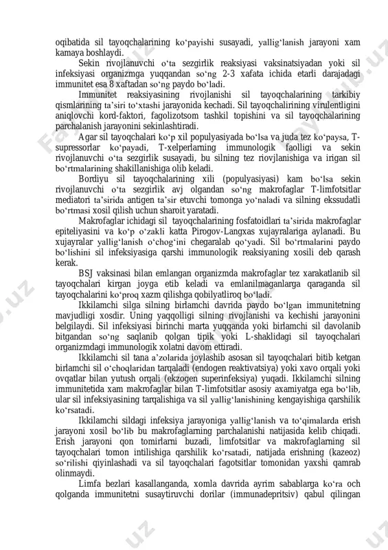ing, sil tayoqchalarining, antigeni bilan bo‘lgan o‘zaro ta’sir reaksiyalari kiradi. immunologiyada sekin rivojlanuvchi o‘ta sezgirlikni aniqlovchi limfotsitlarning blanstransformatsiyasi (shaklining o‘zgarishi) leykotsitlar ko‘chishining (xarakatning) sekinlashishi reaksiyasini aniqlash qo‘llaniladi. sekin riojlanuvchi o‘ta sezgirlik amalda keng ko‘lamda aniqlash uchun tuberkulin sinamasidan foydalaniladi. sildan muxofaza qilishda organizm turg‘inligini kuchaytiruvchi gumorol omillar (komplement, lizotsim, properdin, interferon) muxum axamiyatga ega, bular ayniqsa immunitet sistemasining fiziologik kamchiligi bo‘lgan yangi tug‘ilgan chaqaloqlarda katta axamiyatga ega. kattalarni sil kasalidan saqlashda gumorol omillarning axamiyati aniq emas, ya’ni o‘rganilmagan. sil tayoqchalarining birinchi marta yuqushiga va bsj vaksinatsiyasiga qarshi immunitetning tashkil topishi, sil tayoqchalarining ko‘payishi va maxsus yallig‘lanish jarayoni bilan bir qatorda rivojlanadi. immunitetning kuchayishi oqibatida sil tayoqchalarining ko‘payishi susayadi, yallig‘lanish jarayoni xam kamaya boshlaydi. sekin rivojlanuvchi o‘ta sezgirlik reaksiyasi vaksinatsiyadan yoki sil infeksiyasi organizmga yuqqandan so‘ng 2-3 xafata ichida etarli darajadagi immunitet esa 8 xaftadan so‘ng paydo bo‘ladi. immunitet reaksiyasining rivojlanishi sil tayoqchalarining tarkibiy qismlarining ta’siri to‘xtashi jarayonida kechadi. sil tayoqchalirining …