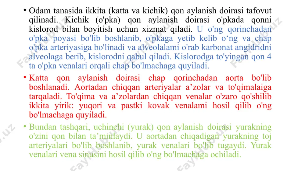 (valva trunci pulmonalis) joylashgan. unda aylana bo'ylab joylashgan oldingi, o'ng va chap yarimoysimon qopqoqlar (valva semilunaris anterior, dextra et sinistra) tafovut qilinadi. chap bo'lmacha (atrium sinistrum) chap bo'lmachaning oldingi yuzasida chap quloqcha (auricula sinistra) joylashgan. chap bo'lmachaga ochiladigan 5 ta teshikdan to'rttasi yuqori va orqa tomonda joylashgan. bular o'pka venalari teshigidir (ostia venarum pulmonatium). beshinchi katta chap atrioventrikular tirqish (ostium atrioventriculare sinistrum) chap bolmachani chap qorinchaga qo'shib turadi. chap qorincha (ventriculus sinister) uning yuqori keng qismining o'ng tomonida aorta teshigi (ostium aorticum) chap tomonida bo'lmacha-qorinchaaro tirqish joylashgan. atrioventrikular tirqishda ikki tabaqali (mitral) qopqoq (valva atrioventricularis sinistra seu bicuspidalis) joylashgan. aortaning boshlanish joyida 3 ta: orqa, o'ng va chap yarimoysimon qopqoq (valva semilunaris posterior, dexter et sinister) joylashgan. yurak devori uch qavatdan iborat. ichki yupqa endokard (endocardium)yurakni ichki tomondan qoplaydi. yurak qopqoqlari, pastki kovak vena va toj sinus burmalari endokard duplikaturasidan hosil bo‘lib, o‘rtasida biriktiruvchi to'qima joylashgan. o'rta qavat miokard (myocardium) …