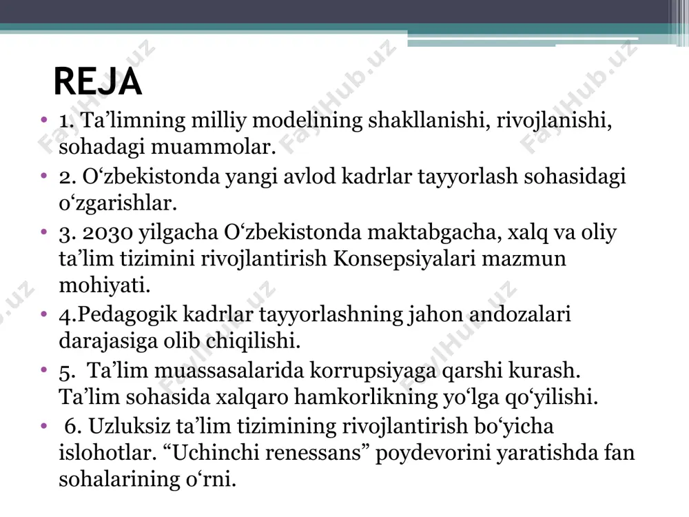 ri bilan hamkorlik yo‘lga qo‘yildi aksels tinchlik korpusi (aqsh) daad konrad adenauer fondi (germaniya) britaniya kengashi (buyuk britaniya) ayreks amerika kollejlari konsorsiumi sare o’zbekiston respublikasining birinchi prezidenti i.a.karimov tashabbusi bilan ta’limni tubdan isloh qilish yo‘llari ishlab chiqildi. islom karimov 1997-yil 29-avgustda oliy majlisning ix-sessiyasida “barkamol avlod – o‘zbekiston taraqqiyotining poydevori” mavzusida ma’ruza qildi. o‘zbekiston hukumati ta’limni rivojlantirish uchun katta mablag‘ ajratmoqda. birgina 2001-yilda ta’lim xarajatlari davlat budjeti sarf-xarajatlarining 36 foizini tashkil etdi. ta’lim uchun 150 mln aqsh dollaridan ziyod chet el investitsiyasi sarflandi. ular yangi ta’lim binolari barpo etish, ularni eng zamonaviy o‘quv-laboratoriya uskunalari va o‘quv mebellari bilan jihozlash uchun sarflandi. ular yangi ta’lim binolari barpo etish, ularni eng zamonaviy o‘quv-laboratoriya uskunalari va o‘quv mebellari bilan jihozlash uchun sarflandi. keyingi yillarda 848398 o‘quvchi o‘rniga mo‘ljallangan 2244 ta yangi umumta’lim maktab binolari qurilib, foydalanishga topshirildi. umumta’lim maktablari uchun davlat ta’lim standartlari, ularga asoslangan o‘quv dasturlari, darsliklar yaratilib, ta’lim jarayoniga joriy etildi. …