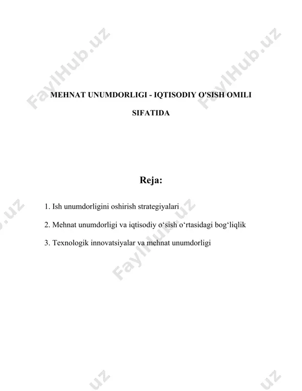 i ularning ishlash muhiti bilan chambarchas bog'liq. yaxshi muhit yaratish, qulay ish sharoitlari, toza va xavfsiz ish joyi unumdorlikni 15-25% ga oshirishi mumkin. 5. **jamoaviy ishni rivojlantirish**: jamoa shakllantirish va ularni samarali boshqarish orqali umumiy maqsadlarga erishish osonroq bo'ladi. jamoaviy ishda optimal muvofiqlashtirish natijasida ijobiy natijalar 20% gacha oshishi mumkin. 6. **motivatsiya va rag'batlantirish**: xodimlarni motivatsiya qilish uchun rag'batlantiruvchi tizimlar yaratish muhim. ilmiy tadqiqotlar ko'rsatishicha, yaxshi motivatsiyalangan xodimlar unumdorligini 12-15% ga oshira oladi. 7. **ish vaqtini boshqarish**: vaqtni samarali boshqarish ishni o'z vaqtida bajarishga yordam beradi. zamonaviy vaqt boshqarish usullari va dasturlaridan foydalanish ish unumdorligini 20-25% ga yaxshilashi mumkin. 8. **bog'lanish va kommunikatsiya**: effektiv kommunikatsiya ijobiy ish muhitini yaratishda asosiy omillardandir. ochiq va aniq bog'lanish tizimlari orqali ma'lumot almashish tezligi ortib, xatolar soni 30% gacha kamayishi mumkin. 9. **yangi ish uslublarini tatbiq qilish**: yangi ishlash uslublari va metodologiyalar, masalan, agile va scrum kabi yondashuvlar, yanada moslashuvchan va tezkor ishlash imkonini …