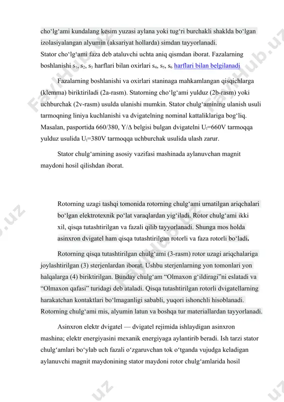 amiga reostatni ulab ishga tushirish (oxirgisi faza rotorli motorlarda). to’g’ridan to’g’ri tarmoqqa ulab ishga tushirish. kichik va o‘rta quwatli qisqa tutashgan rotorli asinxron motorlar ana shunday usul bilan ishga tushiriladi. bunda motorning stator chulg'ami yetarli darajadagi quwatga ega bo‘lgan elektr tarmog‘iga magnit ishga tushirgich yoki oddiy ulagich yordamida qo‘shiladi va uning tezligi tabiiy mexanik xarakteristikasi bo‘yicha o‘sib boradi. ishga tushirish toki i ancha katta bo‘lsa ham motor uchun xavfli bo‘imaydi, chunki ishga tushirish qisqa vaqt ichida kechadi. ishga tushirish tokining nominal tokdan 5-7 marta katta bo‘lishi va ishga tushirish momentining uncha katta bo‘lmasligi bu usulning kamchiligi hisoblanadi. motorning stator chulg‘amini to‘g‘ridan to‘g‘ri elektr tarmog‘iga ulab ishga tushirish yuqoridagi kamchiliklarga ega bolishidan qat’iy nazar, u sodda, arzón va energetik ko‘rsatkichlari kattadir. tarmoq kuchlanishini pasaytirib ishga tushirish. bunday usul bilan quwati katta bo‘lgan qisqa tutashgan rotorli asinxron motorlar ishga tushiriladi. tarmoq kuchlanishini pasaytirish usullari quyidagidan iborat: a) stator chulg'amini yulduz usulidan uchhurchak …